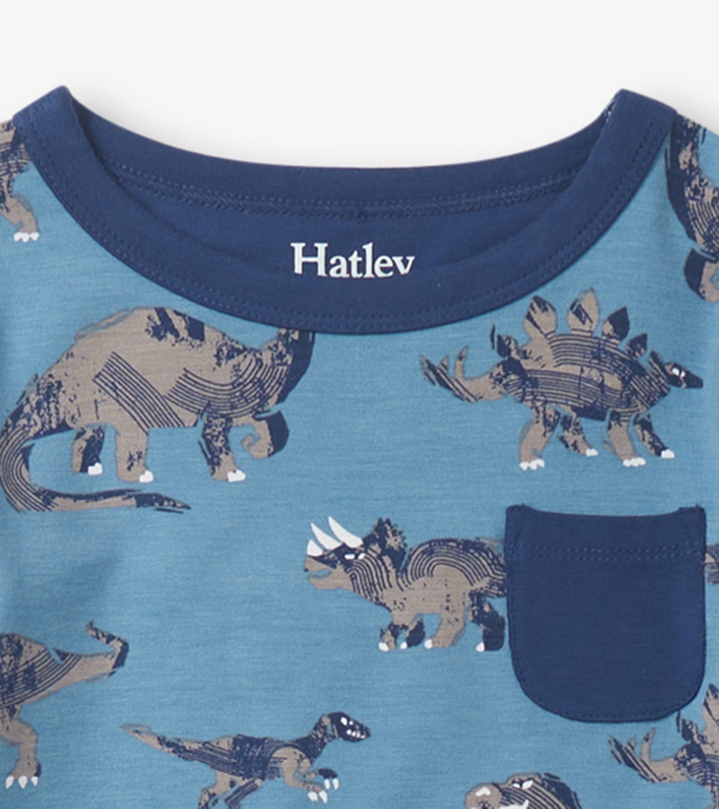 Blue bamboo pajama top featuring various dinosaur prints and a navy pocket.