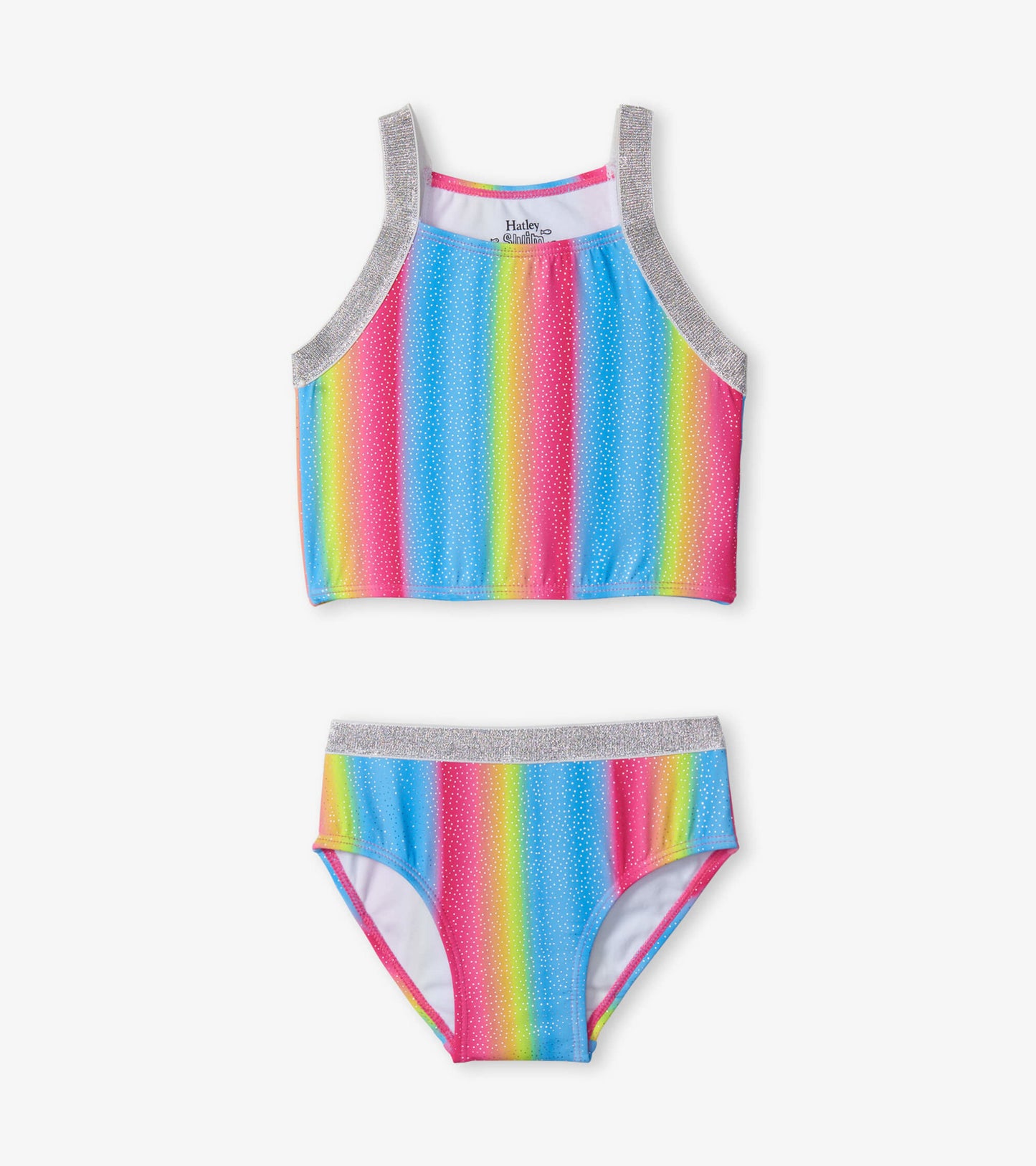 Colorful tankini set featuring rainbow stripes with a sparkly trim, designed for kids. Includes a top and matching bottoms.