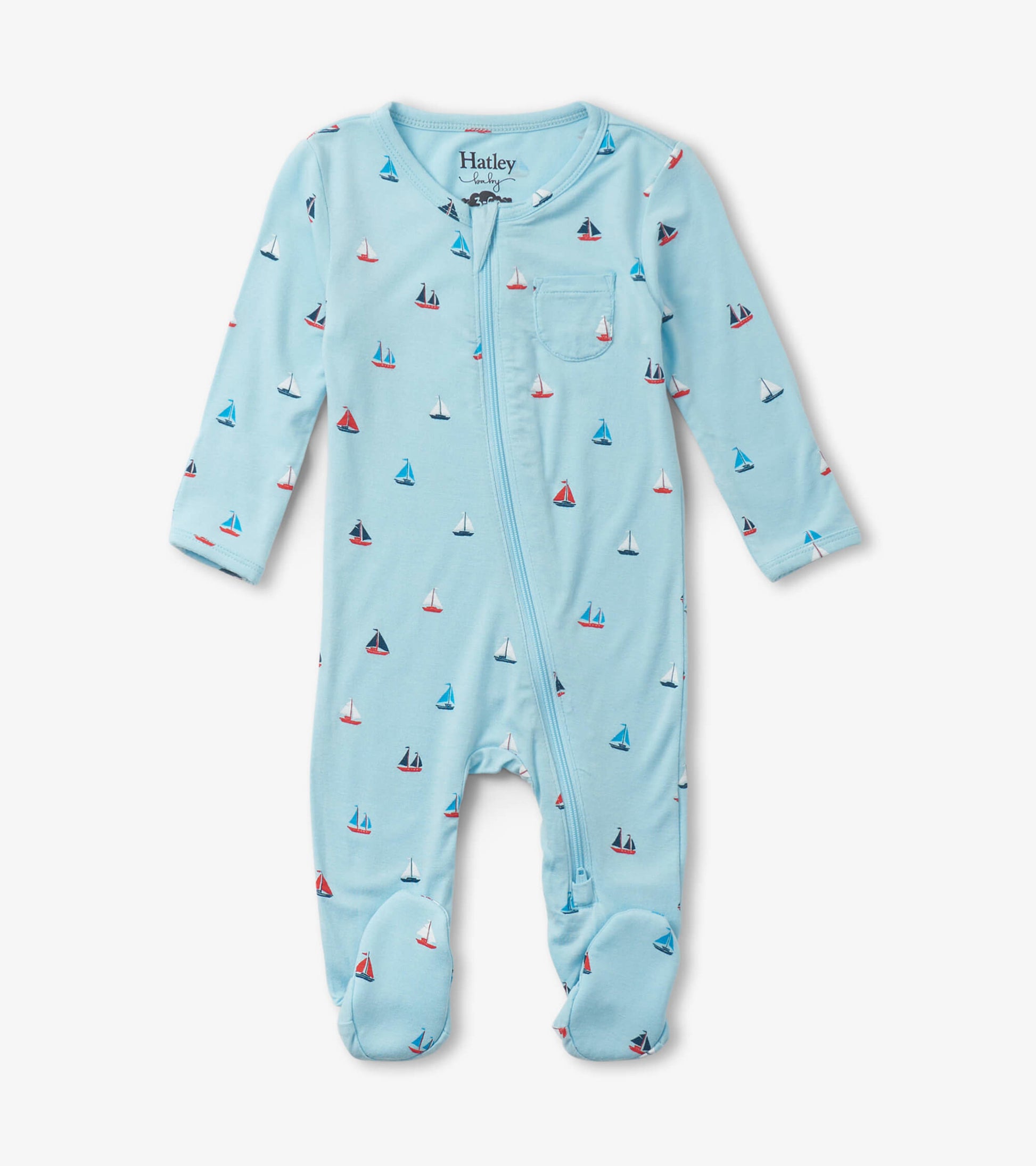 Light blue footed sleeper featuring a sailboat pattern, with long sleeves and a front zipper for easy dressing.