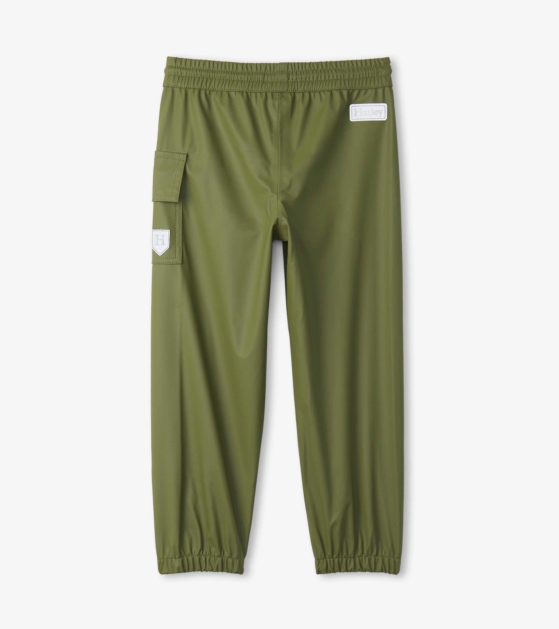 Forest green waterproof kids' rain pants with an elastic waistband and side cargo pocket.