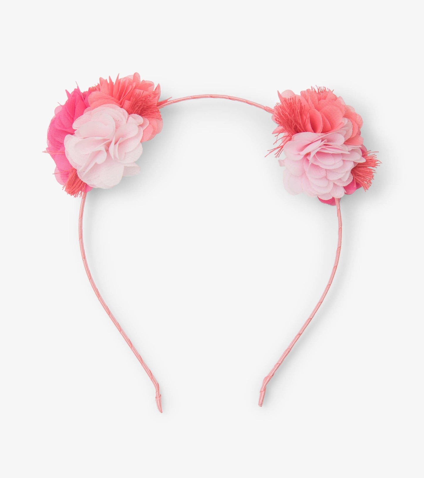 Pink floral headband featuring layered flowers in shades of pink and coral, designed for kids.