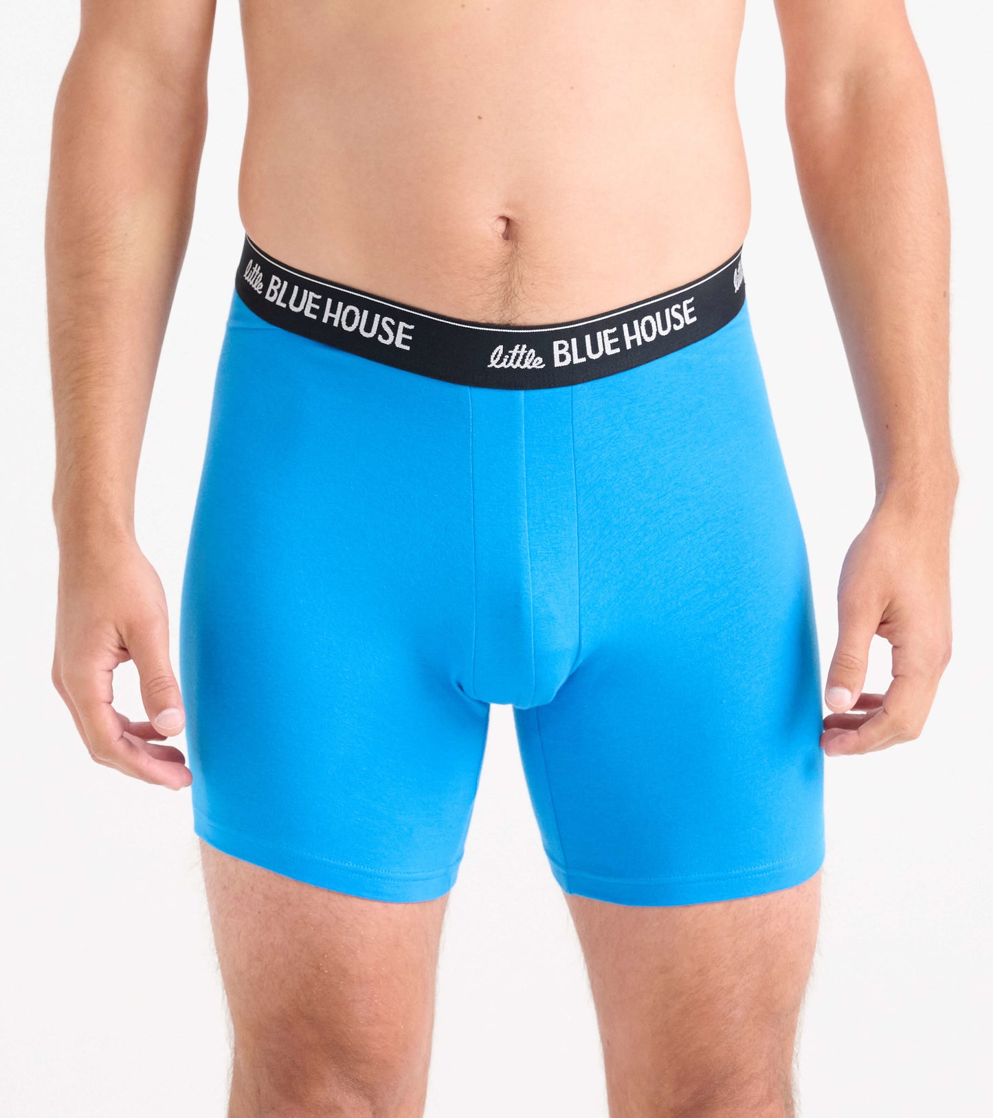 Bright blue men's boxer briefs with a black waistband, featuring a snug fit and soft material.