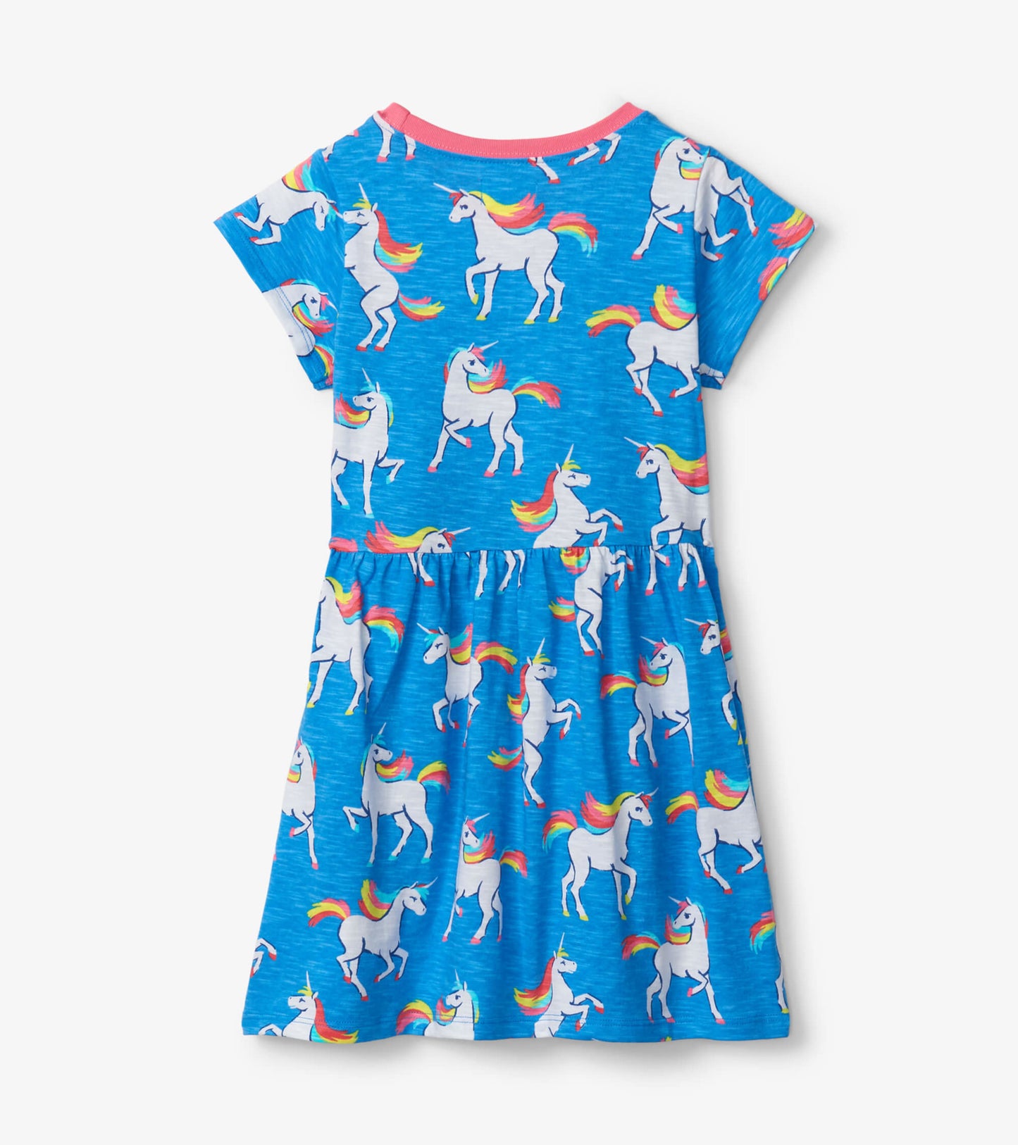 Blue short-sleeved skater dress featuring a colorful unicorn print and a gathered skirt.