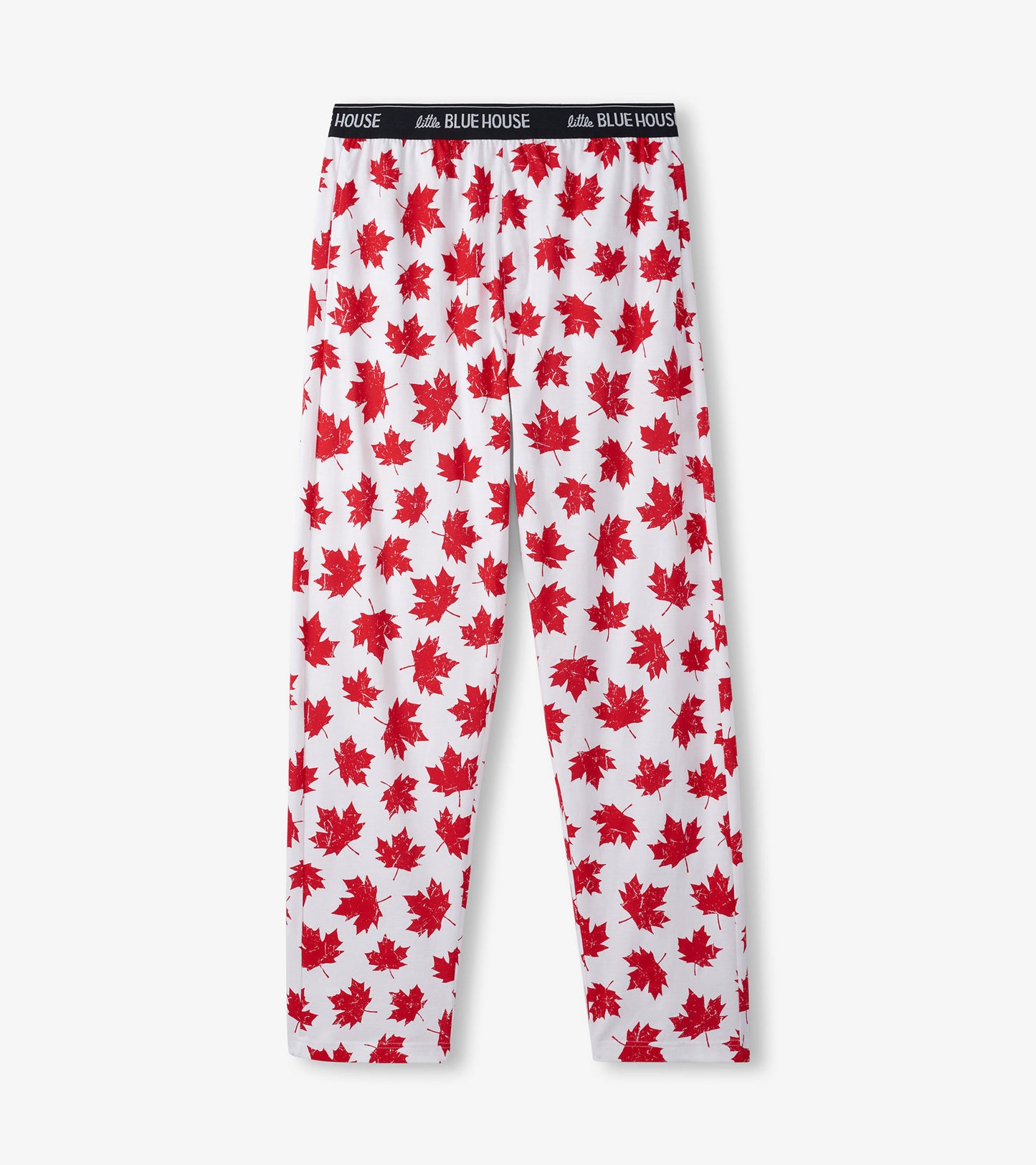 Red and white cotton pajama pants featuring a maple leaf pattern, with an elastic waistband.