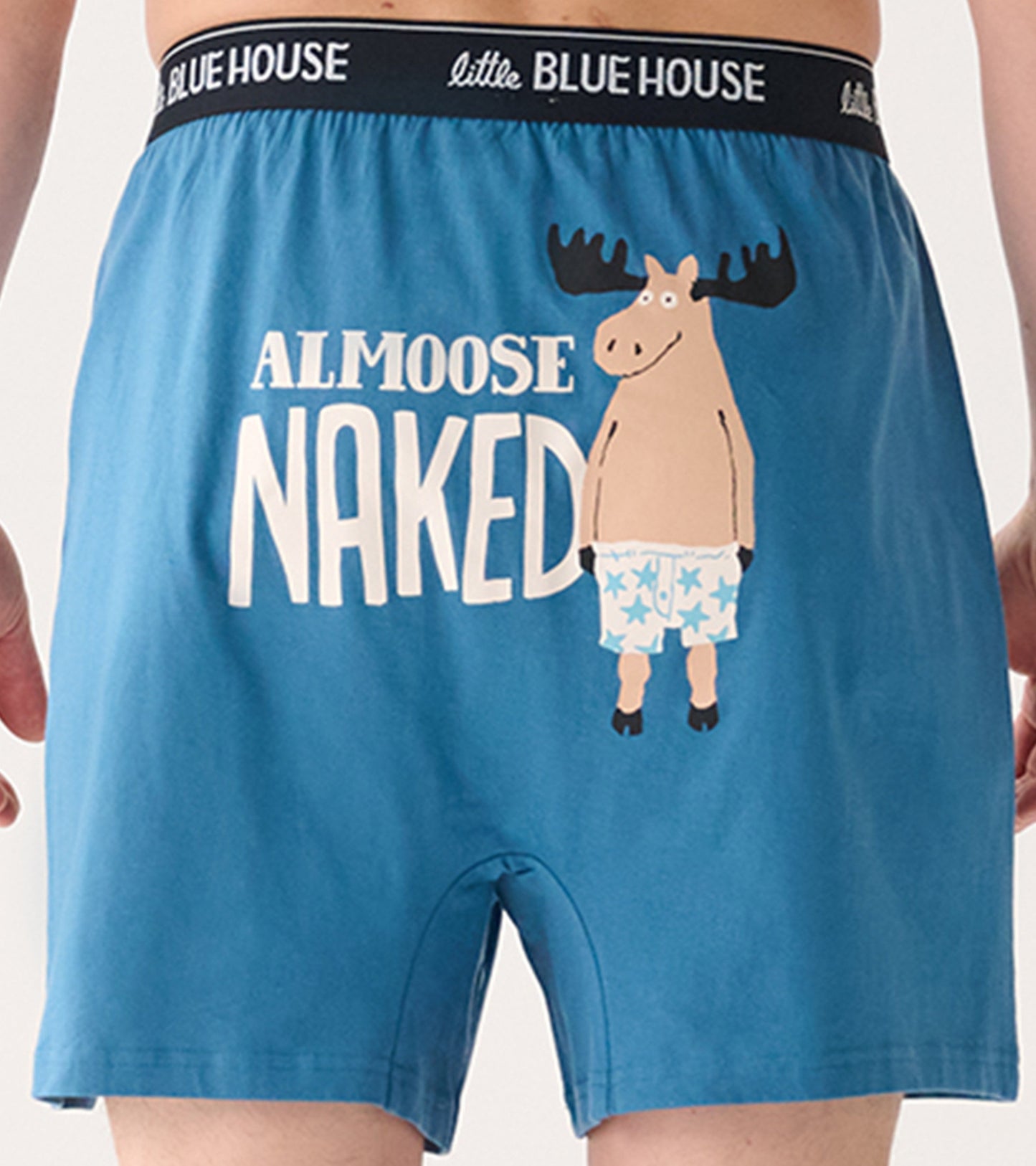 Blue cotton boxer shorts featuring a moose graphic and the text "ALMOOSE NAKED" on the back.