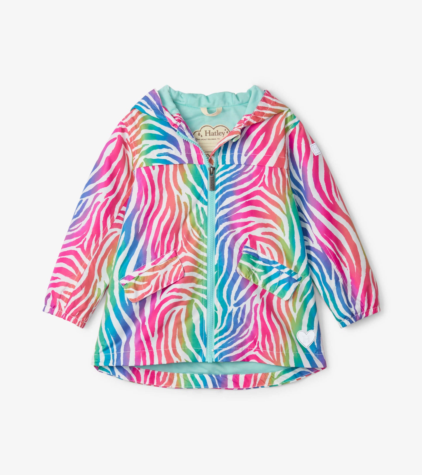 Colorful rainbow zebra print field jacket with a hood and two front pockets. Lightweight and suitable for kids.