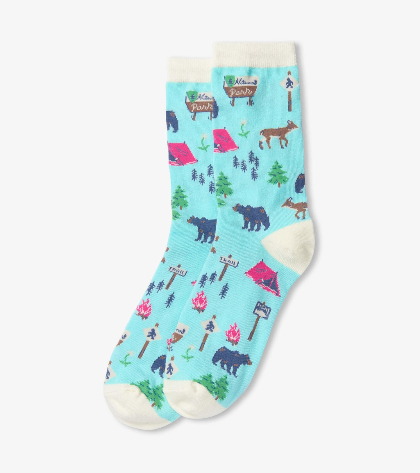 Teal crew socks featuring camping-themed patterns, including bears, tents, and trees, with a light-colored cuff.