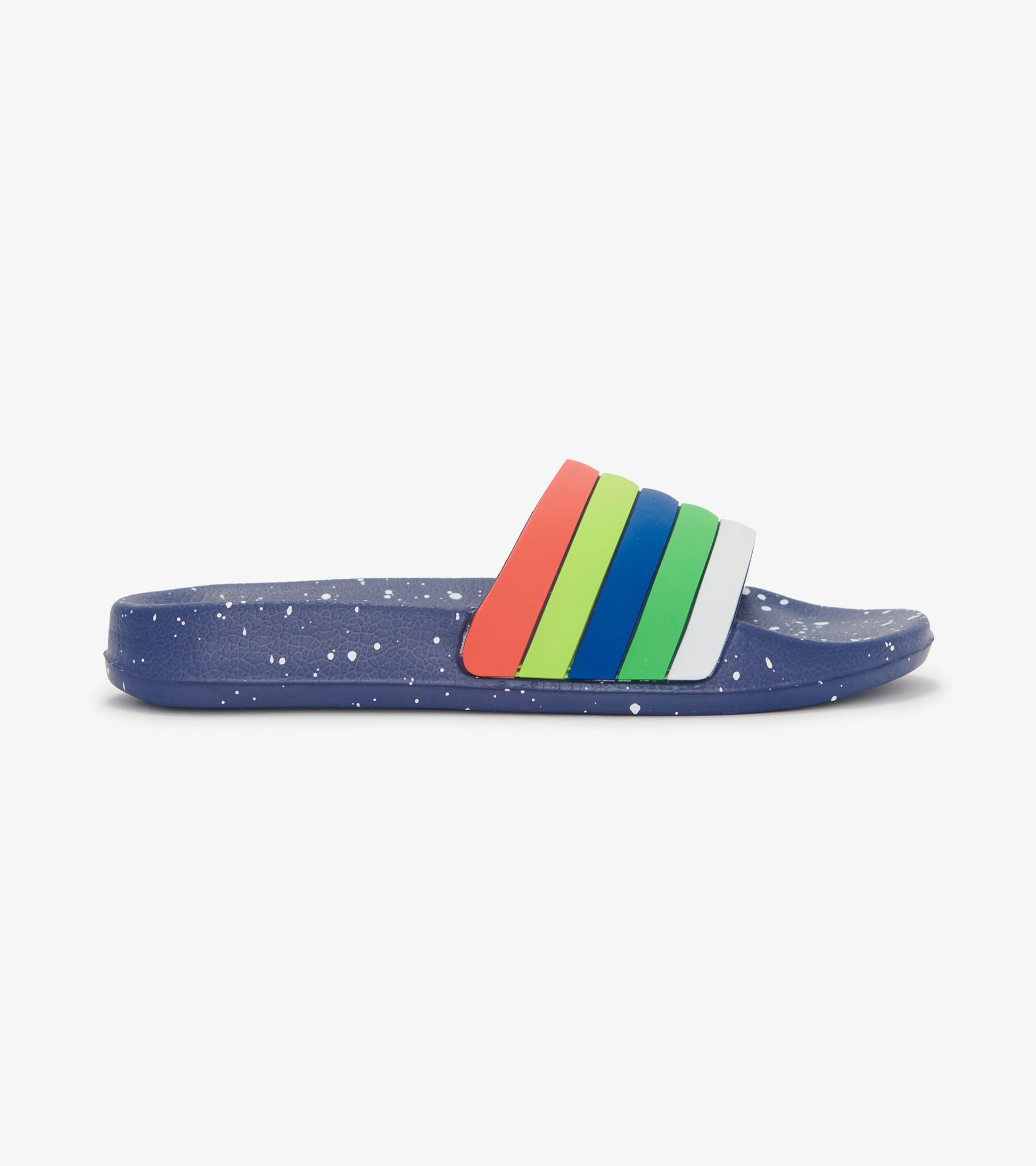 Navy slide sandal featuring a colorful striped band in red, green, blue, and white, with a speckled sole.
