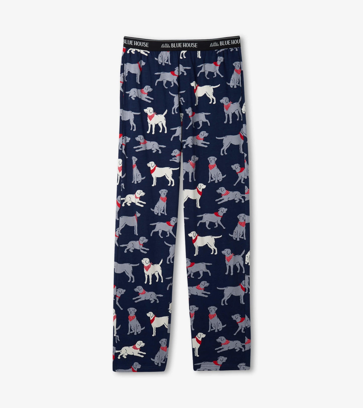 Navy cotton pajama pants featuring a playful dog print in gray and white with red accents.