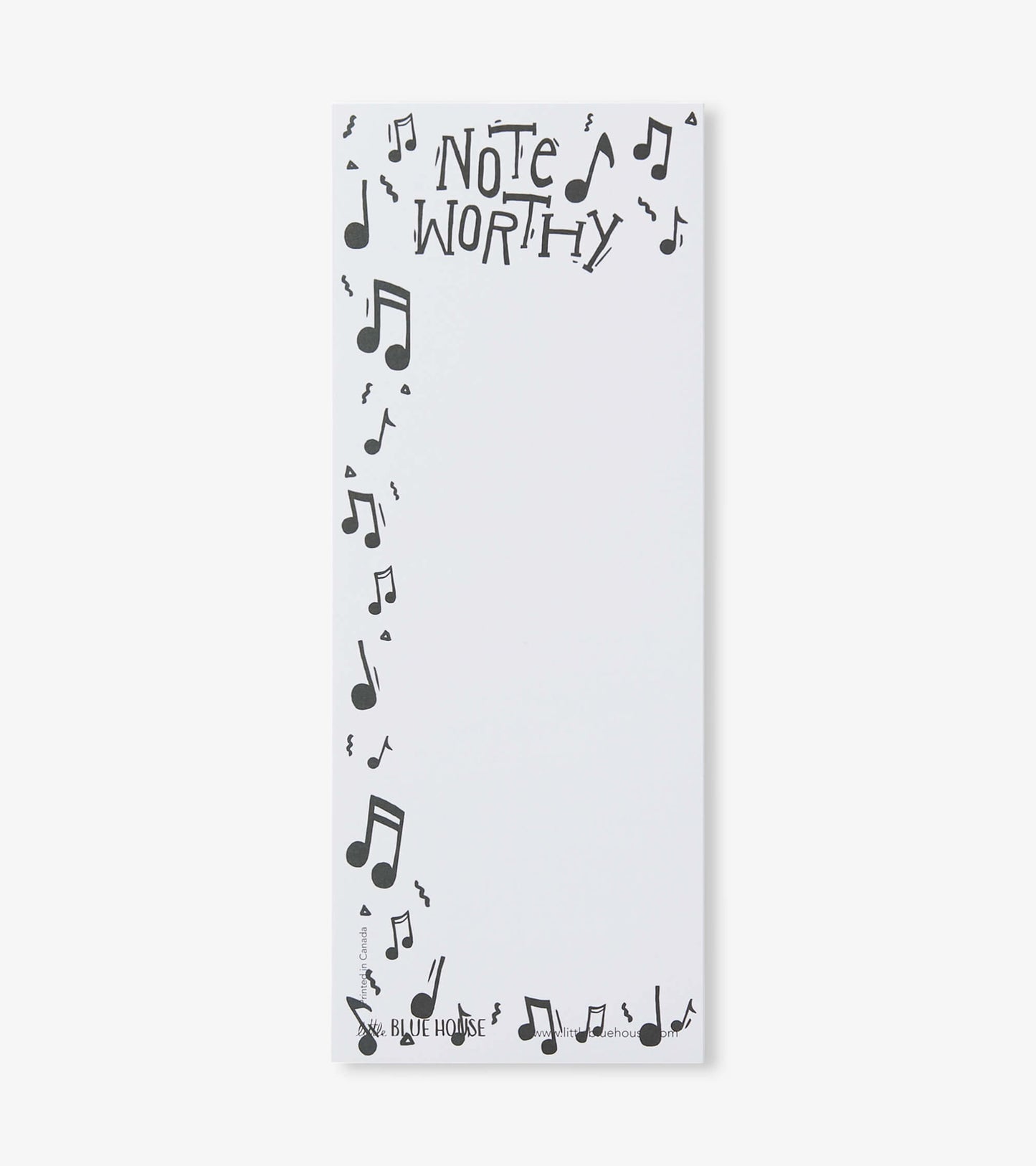 Magnetic notepad with a white background, decorated with black musical notes and the text "NOTE WORTHY" at the top.