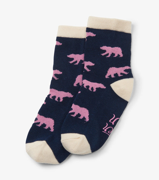 Navy crew socks featuring pink bear patterns and cream-colored cuffs and toes, suitable for kids ages 2-7.
