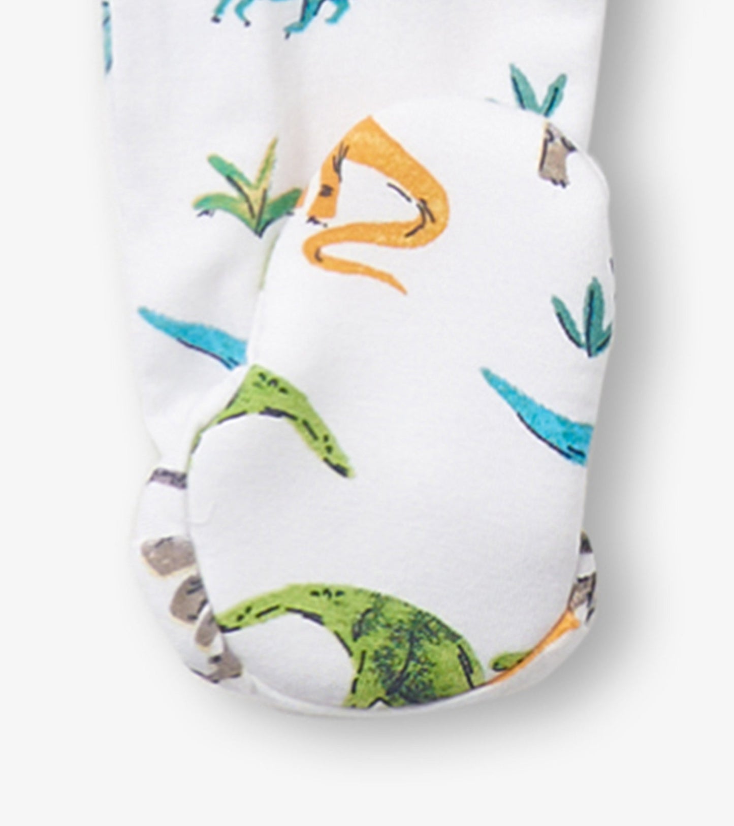 White footed sleeper featuring colorful dinosaur prints and soft fabric, designed for baby boys.