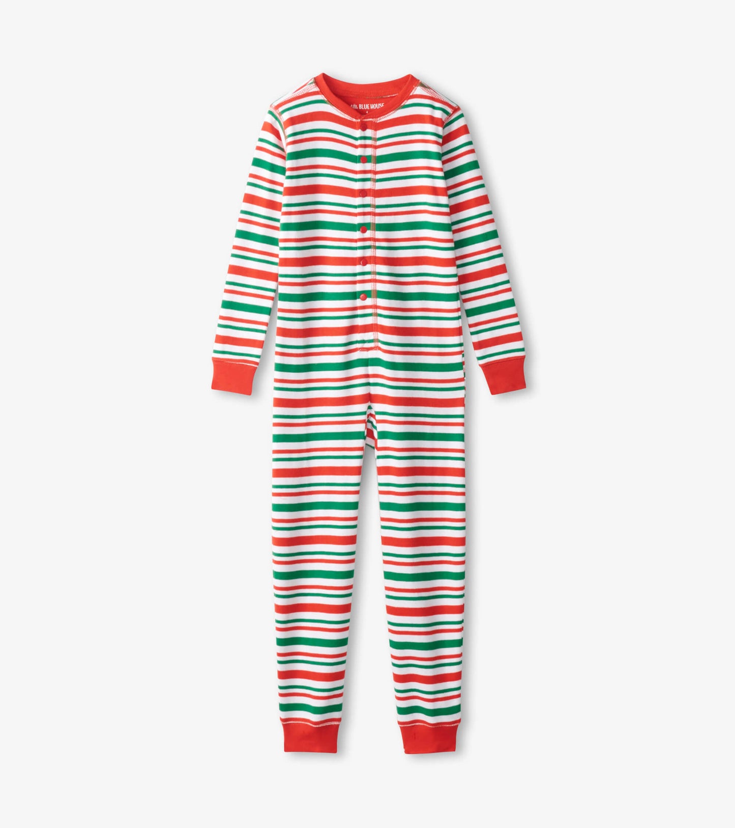 Red, green, and white striped onesie with long sleeves and button front, perfect for kids' holiday wear.
