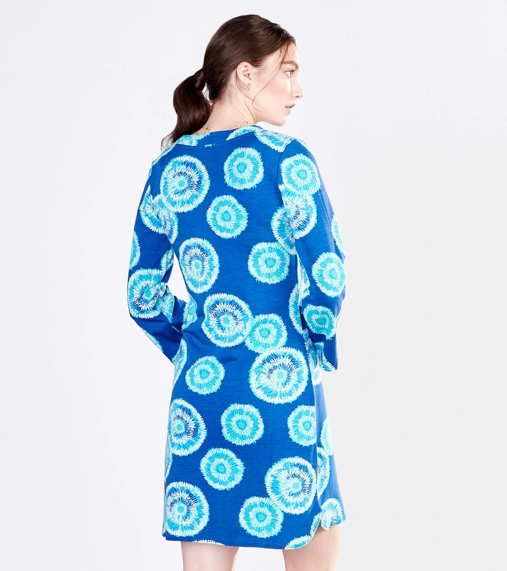 Blue dress with a sunburst pattern, featuring long sleeves and a relaxed fit, shown from the back.