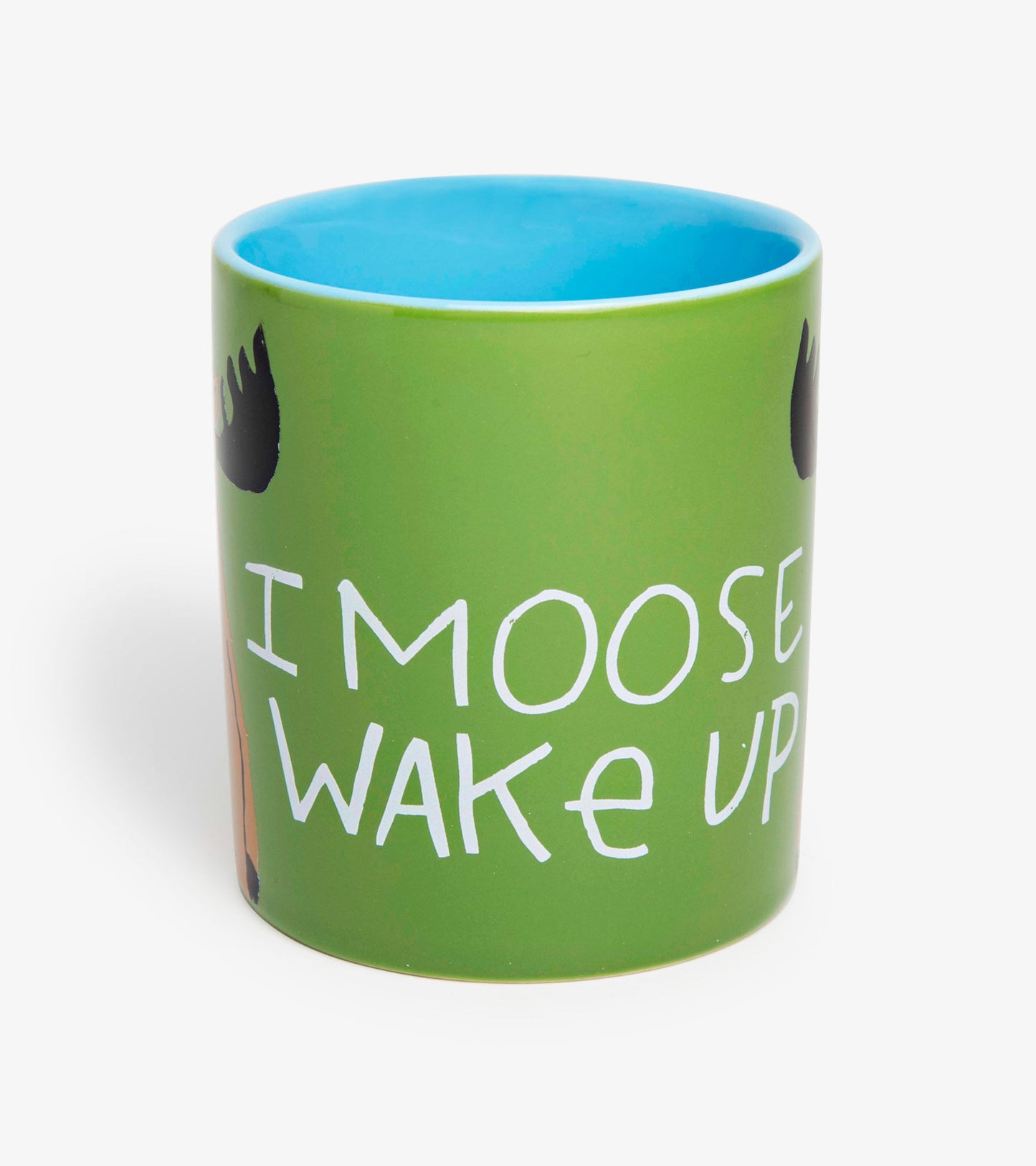 Green ceramic mug with a blue interior, featuring the phrase "I Moose Wake Up" and moose graphics.