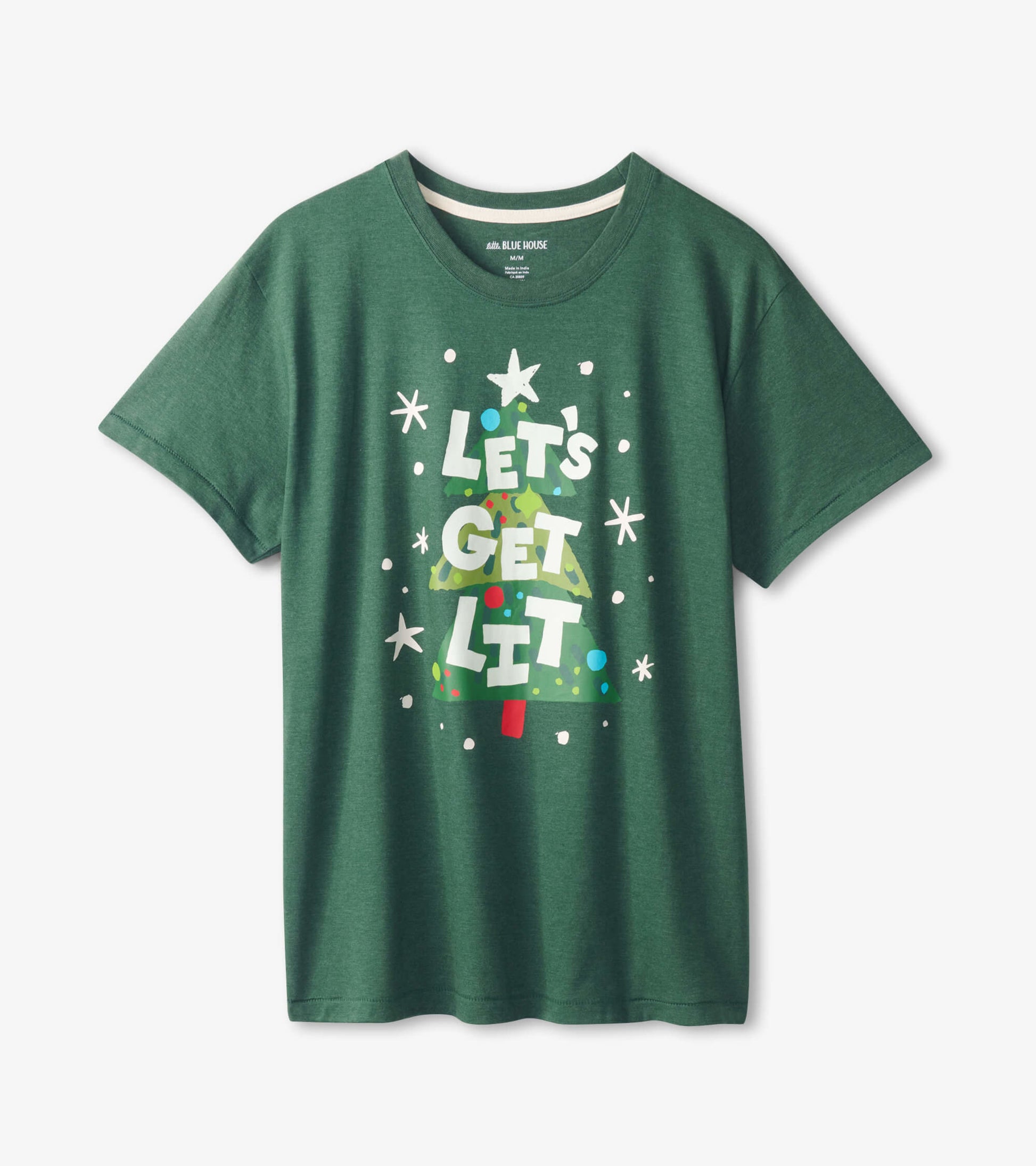 Green cotton t-shirt featuring a colorful Christmas tree graphic with the text "LET'S GET LIT." Short sleeves and crew neck.