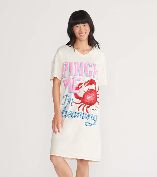 Cream-colored sleepshirt featuring a colorful crab graphic and playful text, with a relaxed fit and short sleeves.