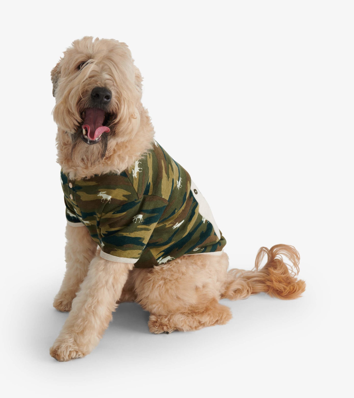 Camo-patterned dog tee in green and beige, featuring a playful design, suitable for casual wear.