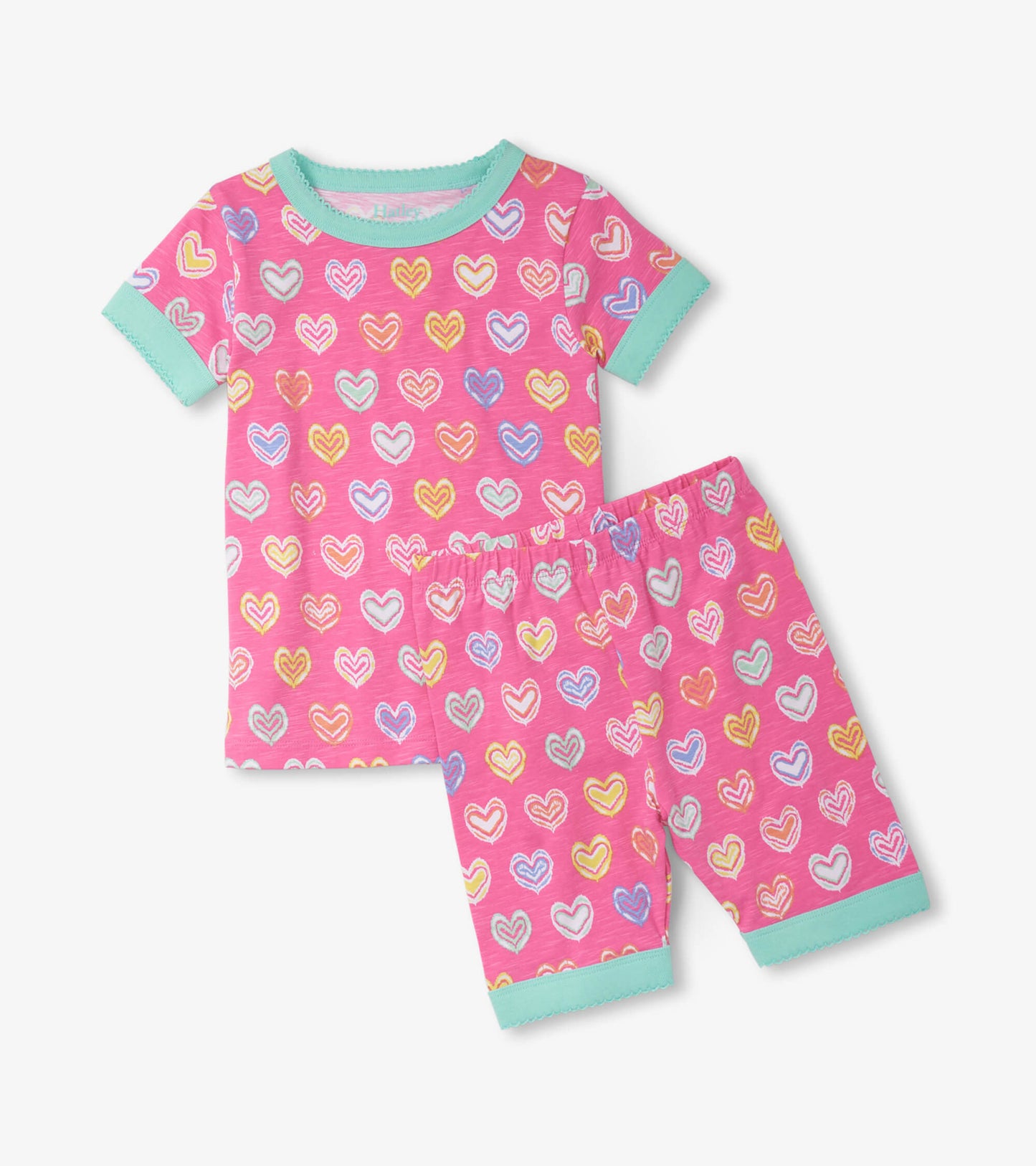 Short pajama set featuring a pink background with colorful heart patterns and mint green trim on the sleeves and shorts.