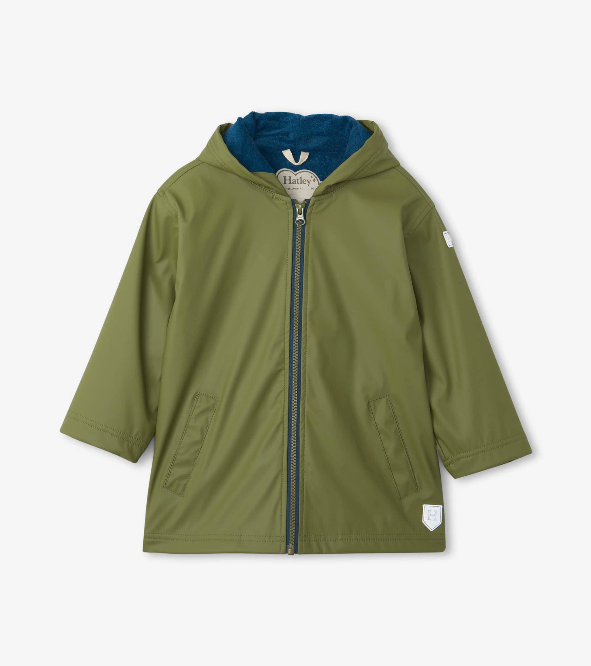 Forest green zip-up rain jacket with a hood and side pockets, featuring a soft blue lining. Suitable for boys.