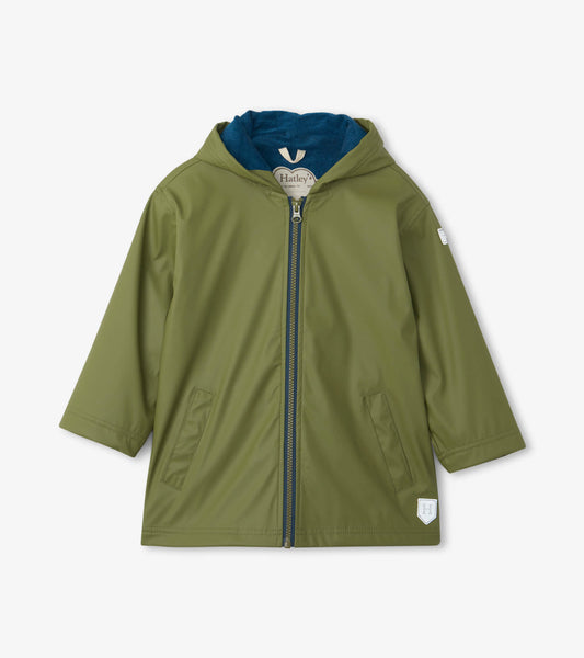 Forest green zip-up rain jacket with a hood and side pockets, featuring a soft blue lining. Suitable for boys.