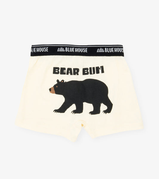 Cream boxer briefs featuring a black bear graphic and "BEAR BUM" text on the back, with a black waistband.