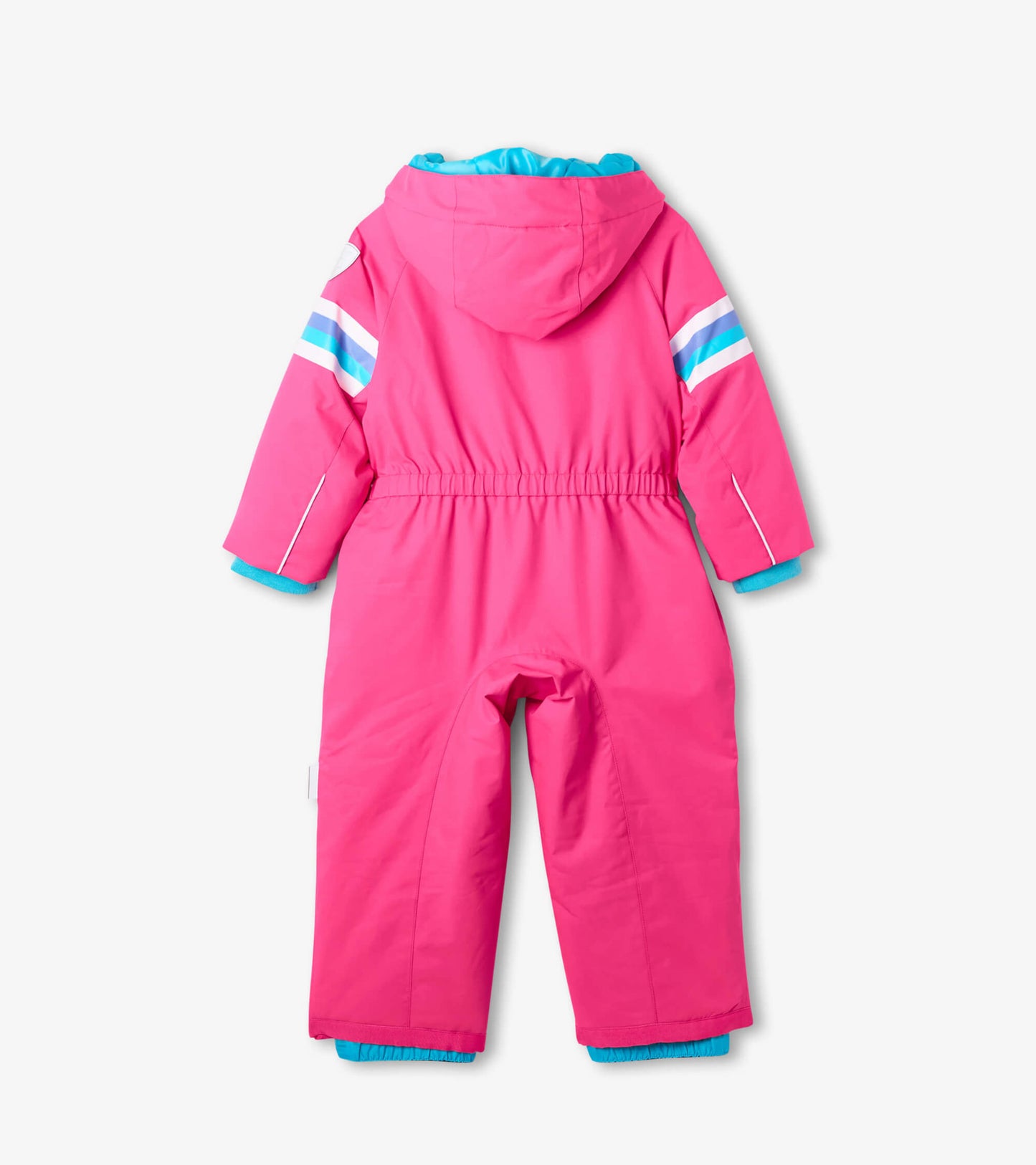 Bright pink toddler snowsuit with a hood, featuring blue and white stripes on the sleeves and elastic waist for comfort.