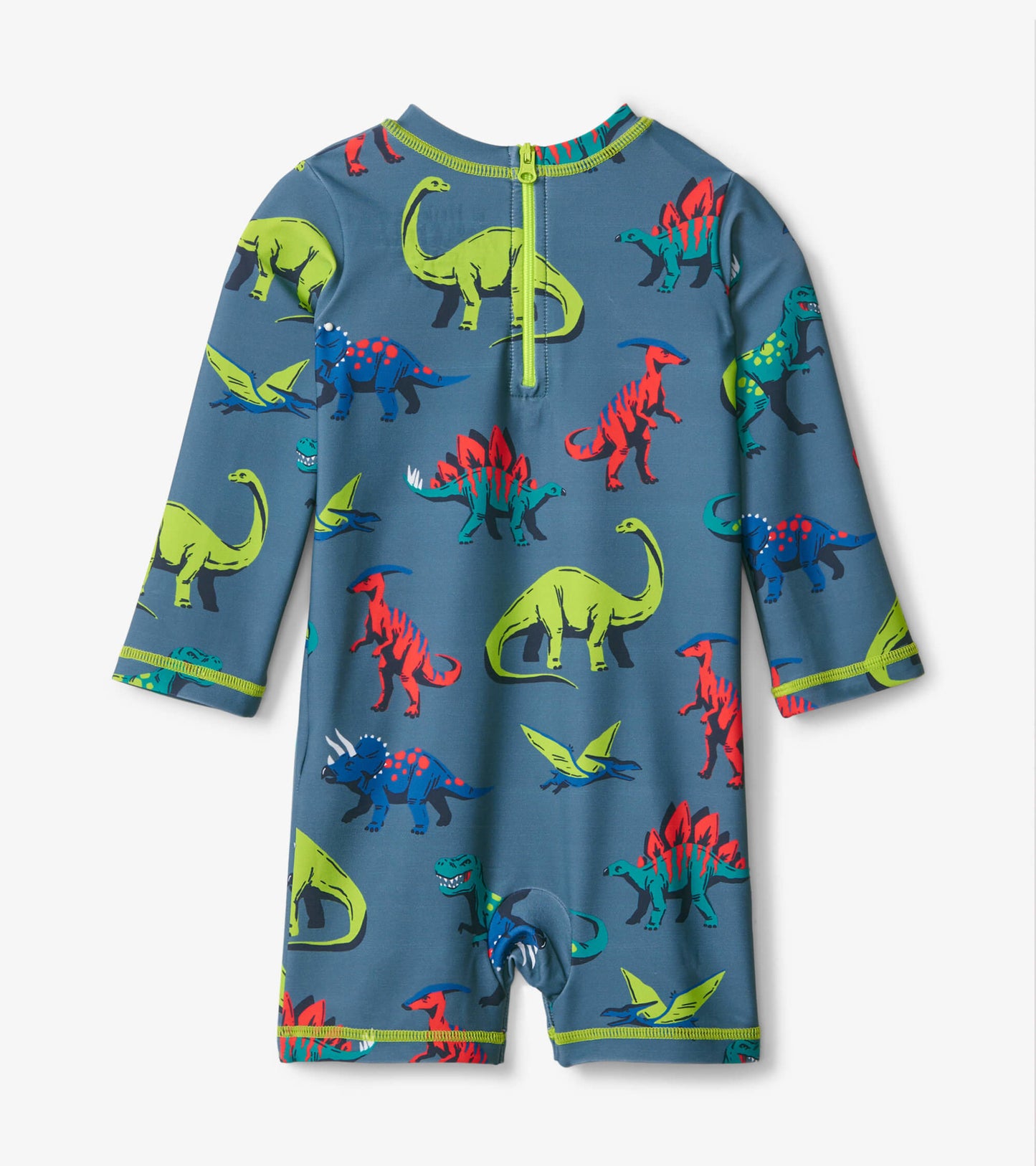 Blue baby rashguard featuring colorful dinosaur patterns and long sleeves, with a back zipper for easy dressing.