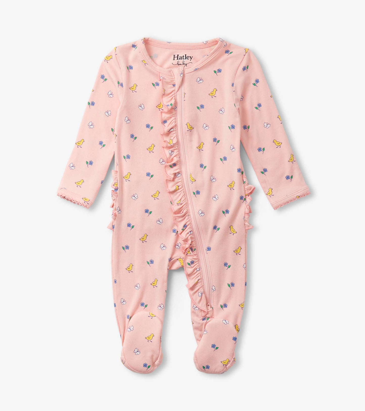 Pink footed sleeper with ruffles, featuring a floral and bird print, designed for baby girls.
