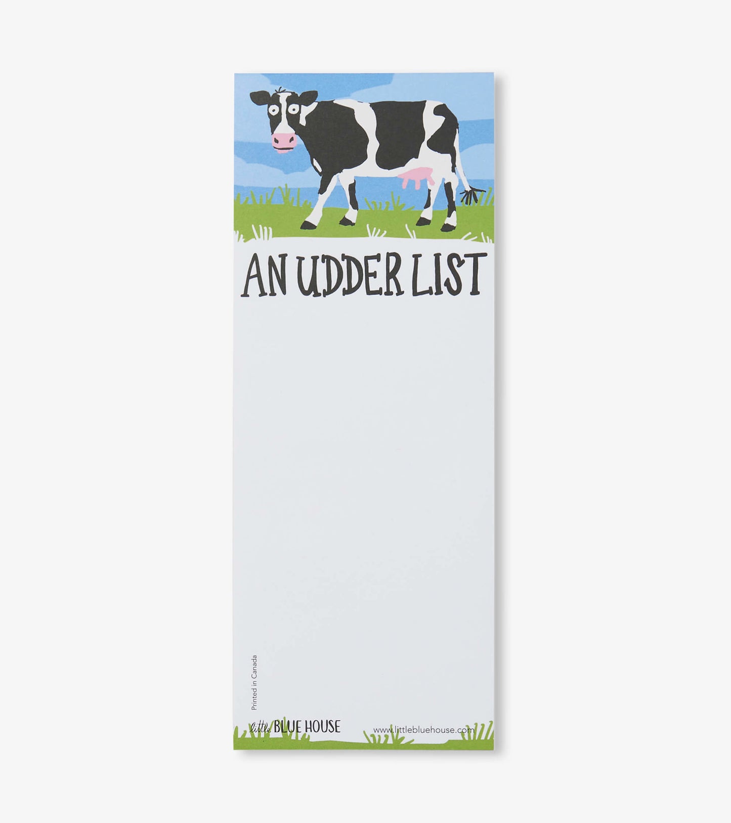 Magnetic notepad featuring a cartoon cow and the text "AN UDDER LIST" on a light blue background.