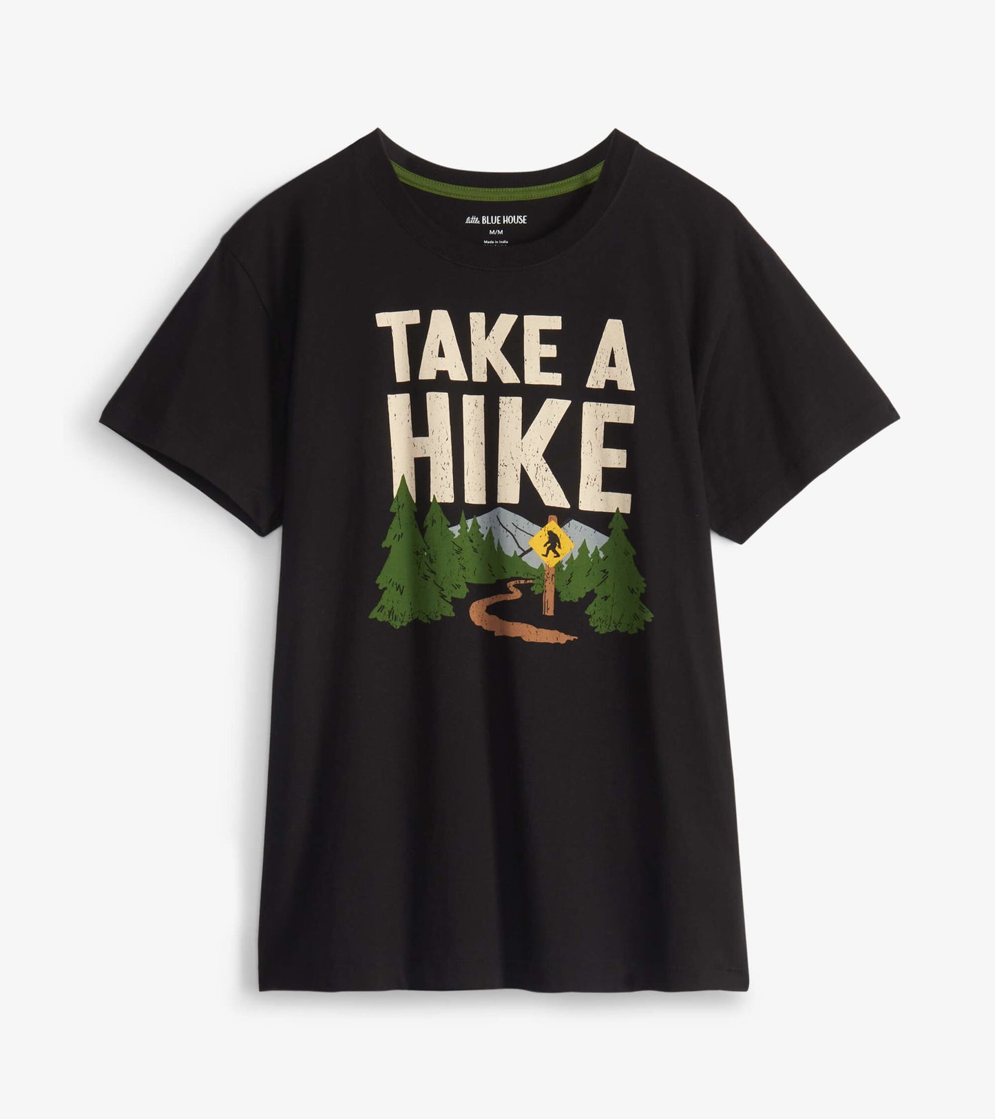 Black short-sleeve tee featuring a hiking graphic with trees, mountains, and the phrase "Take A Hike.