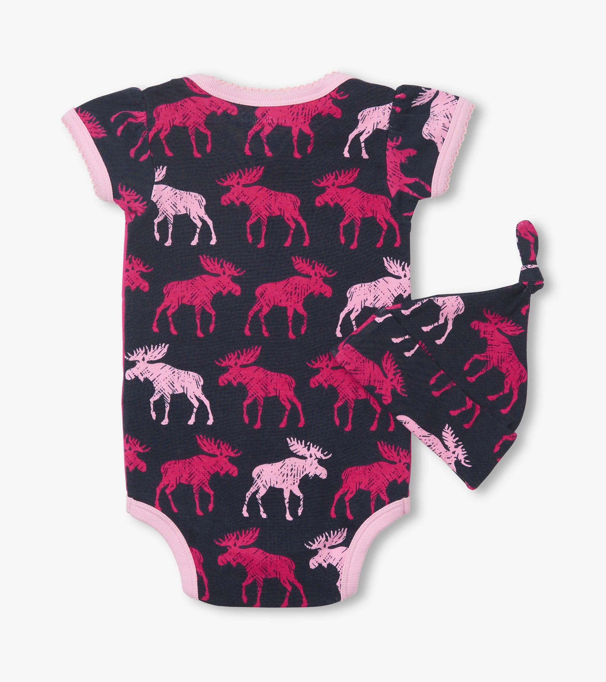 Navy baby bodysuit with pink moose pattern and matching hat, short sleeves, and snap closure at the bottom.