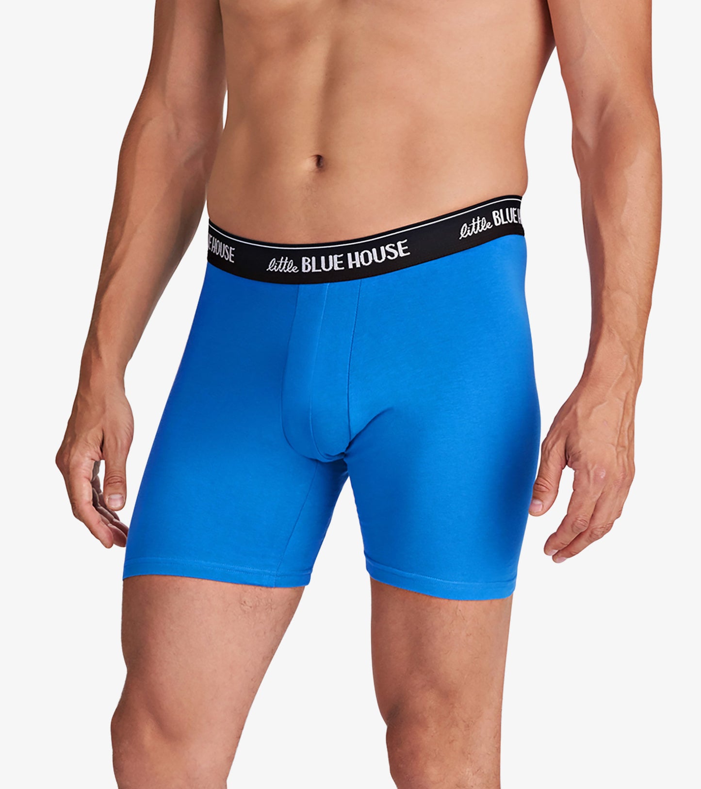 Blue men's boxer briefs with a black waistband, featuring a snug fit and mid-thigh length.