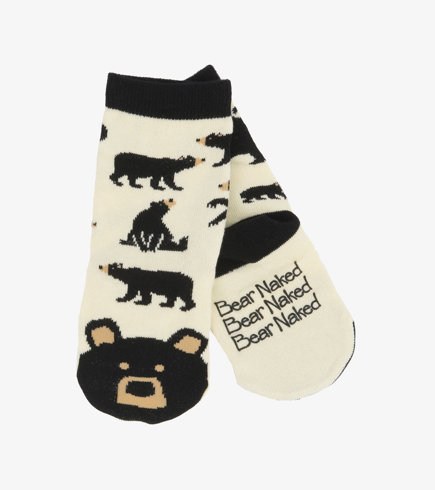 Cream socks featuring black bear patterns and a bear face design on the toes, suitable for kids ages 2-7.