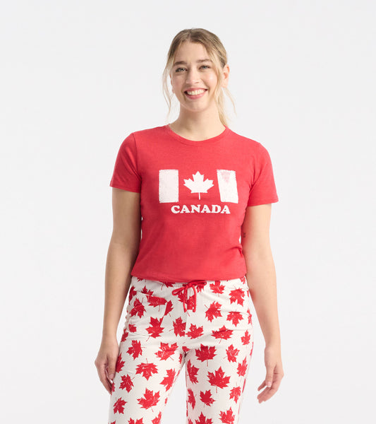 Red women's pajama t-shirt featuring a Canada graphic, short sleeves, and a relaxed fit.