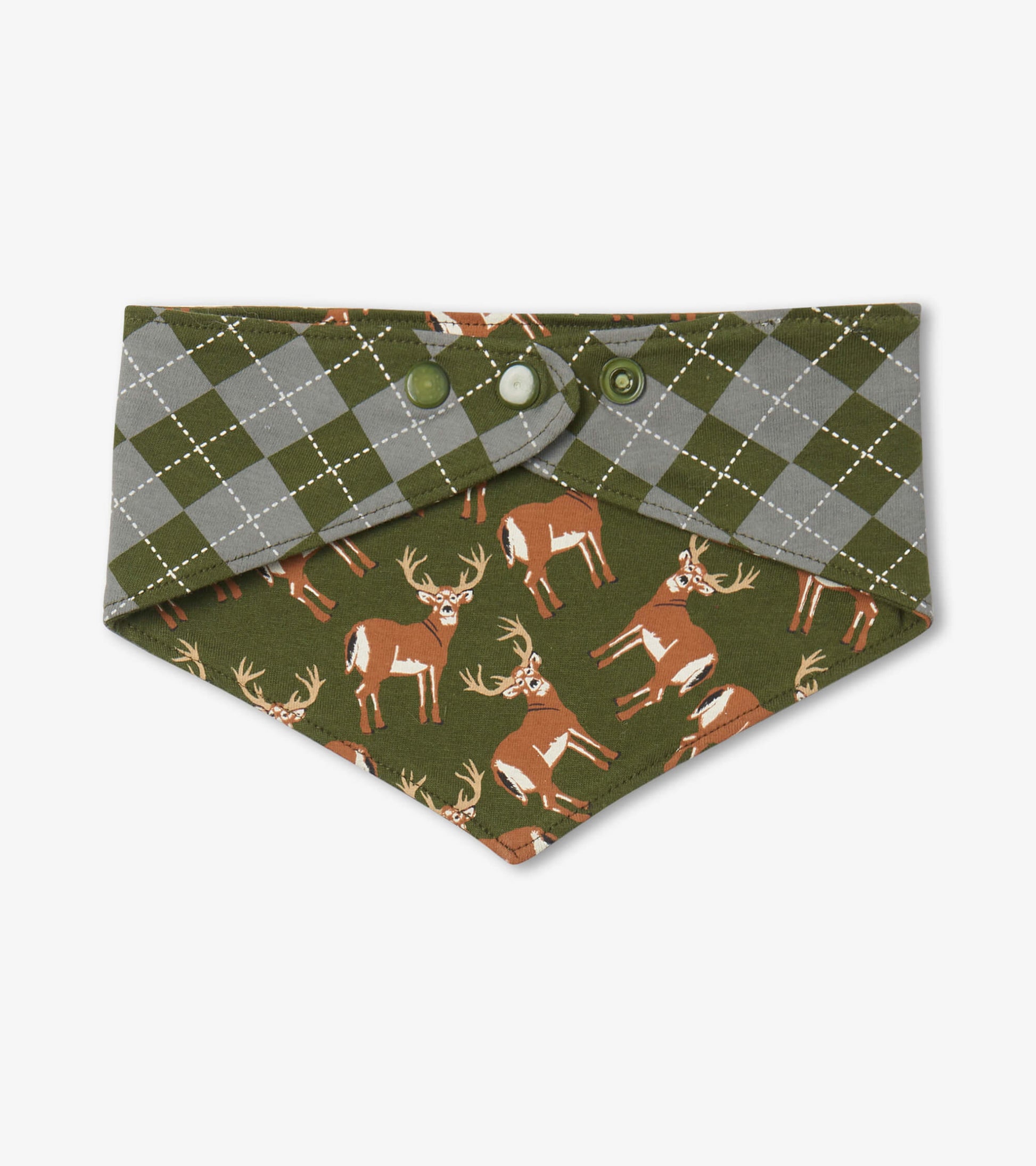 Reversible dog bandana featuring a green base with deer print and a gray plaid pattern on the collar.
