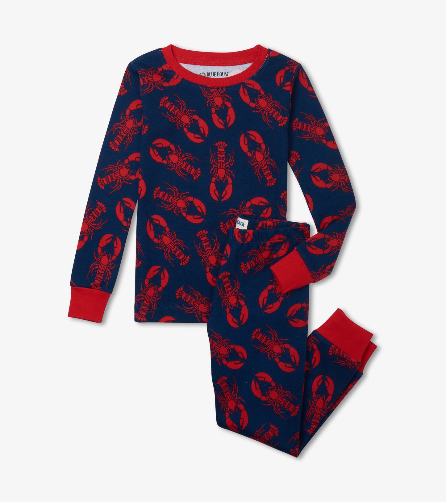 Navy pajama set featuring a lobster print in red, with long sleeves and matching pants, ideal for kids.