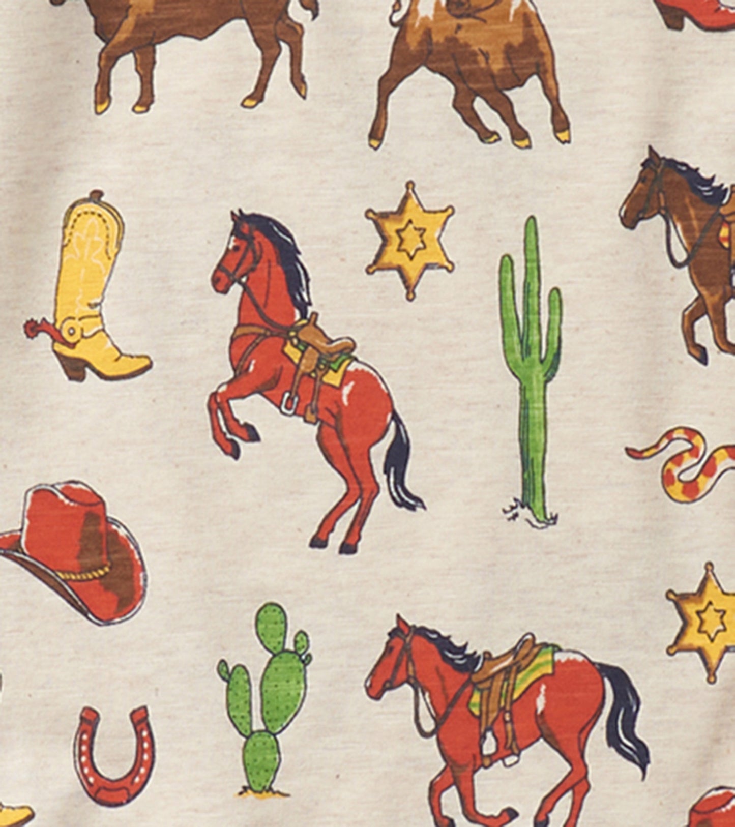 Beige pajama fabric featuring colorful vintage rodeo motifs like horses, cowboy boots, cacti, and stars.