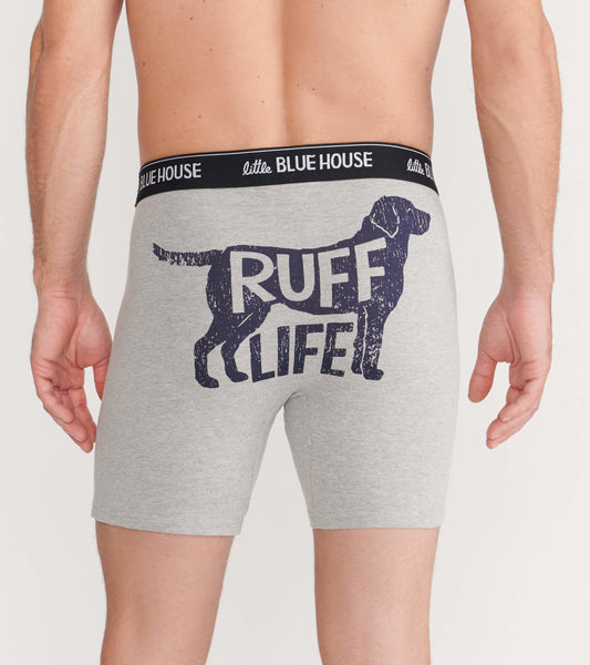 Gray boxer briefs featuring a large dog silhouette and "RUFF LIFE" text on the back, with a black waistband.