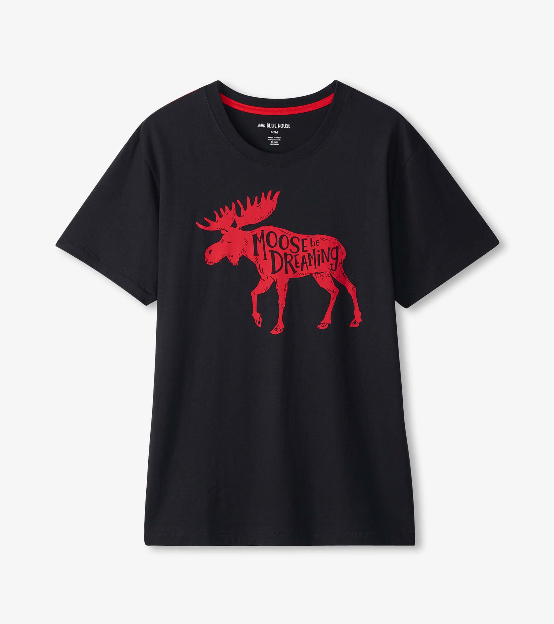 Black short-sleeve tee featuring a red moose graphic with the text "Moose be Dreaming.
