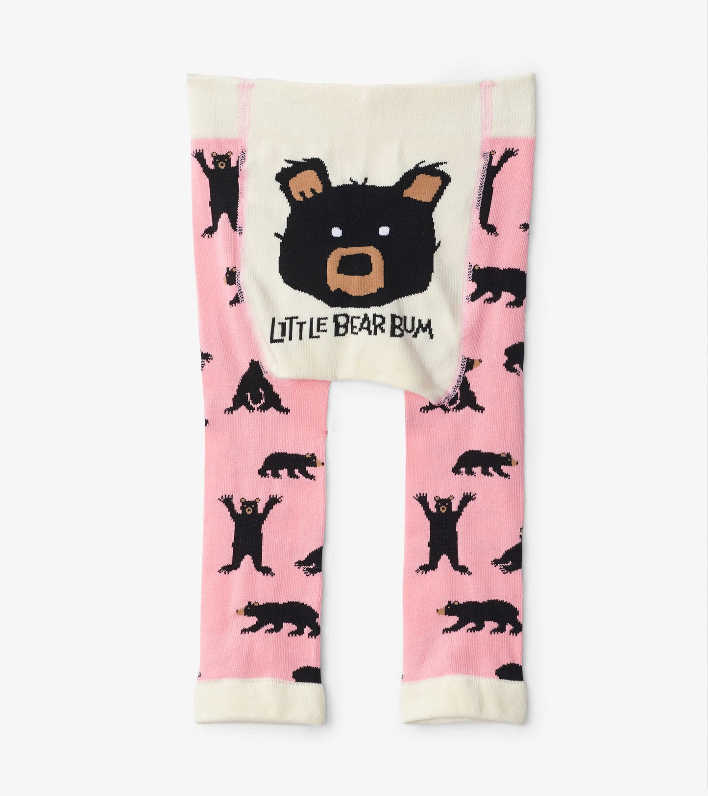 Pink baby tights featuring playful black bear patterns and a bear face on the back, designed for infants.