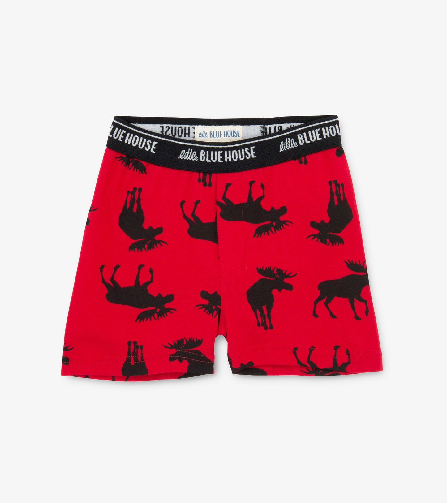 Red boxer briefs featuring a playful moose pattern in black, with a soft waistband for comfort.