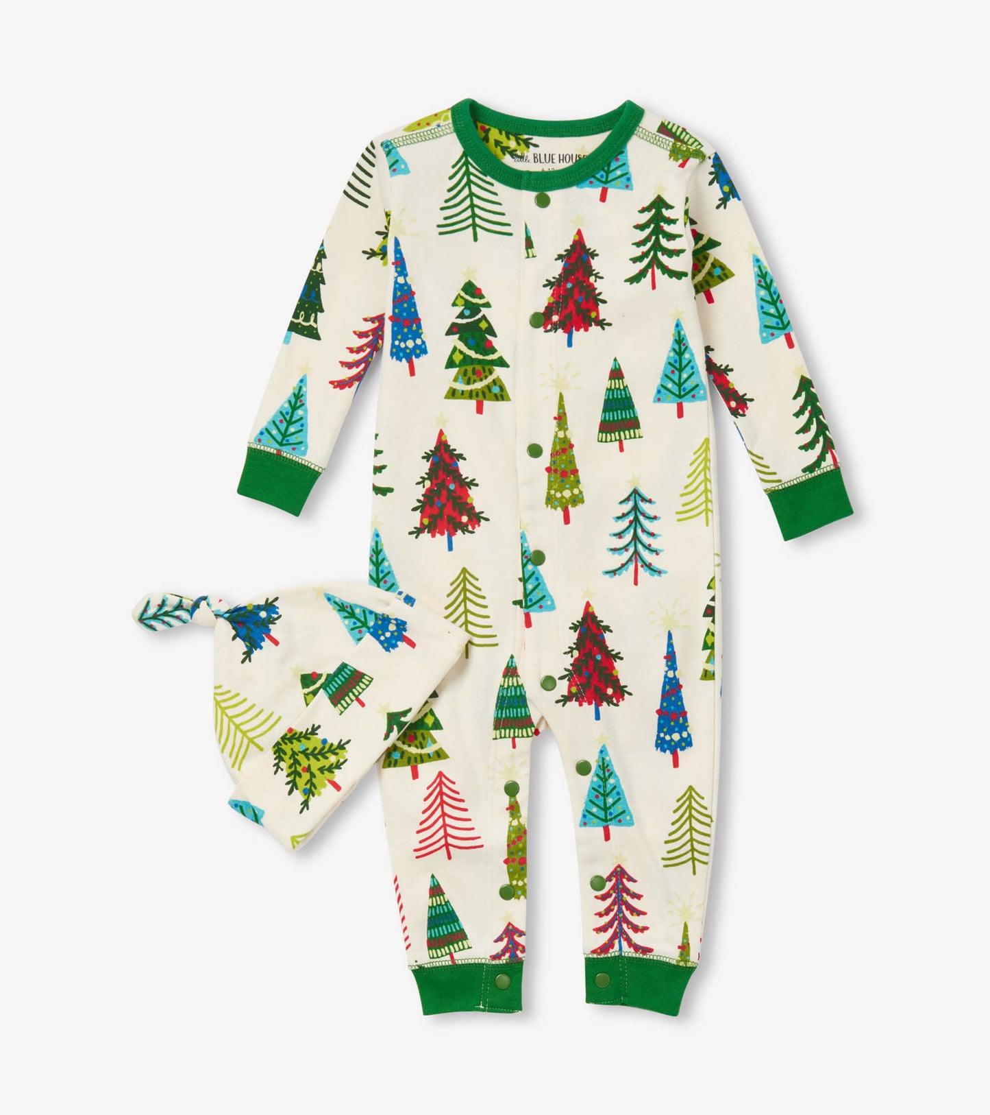 Cream-colored sleeper with colorful Christmas tree patterns and matching hat, featuring green trim and snap buttons.