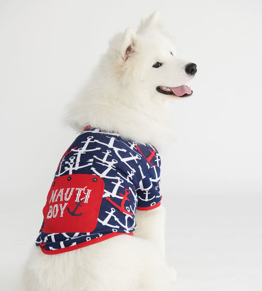 Navy dog tee featuring white and red nautical anchor patterns, with a red pocket labeled "NAUTI BOY.