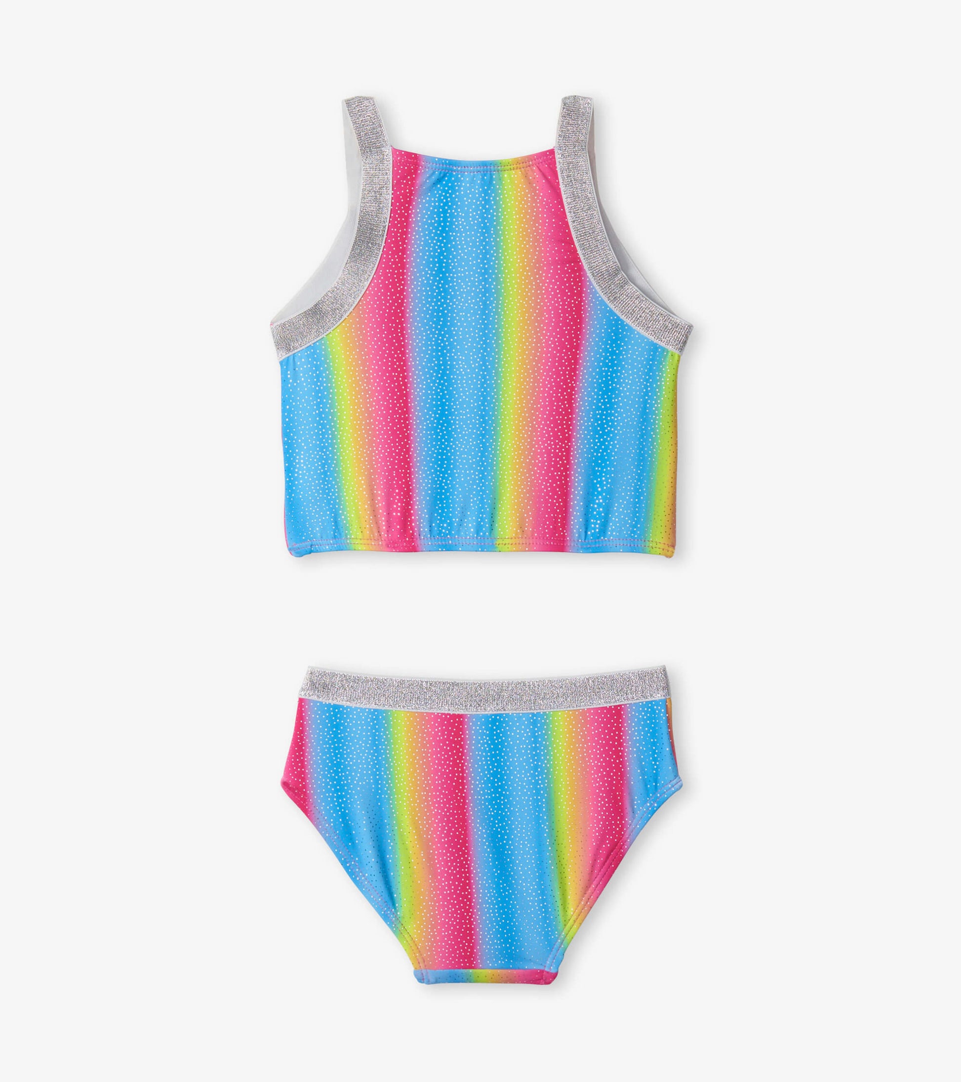 Colorful tankini set featuring a rainbow striped pattern in blue, pink, and yellow with a silver trim.