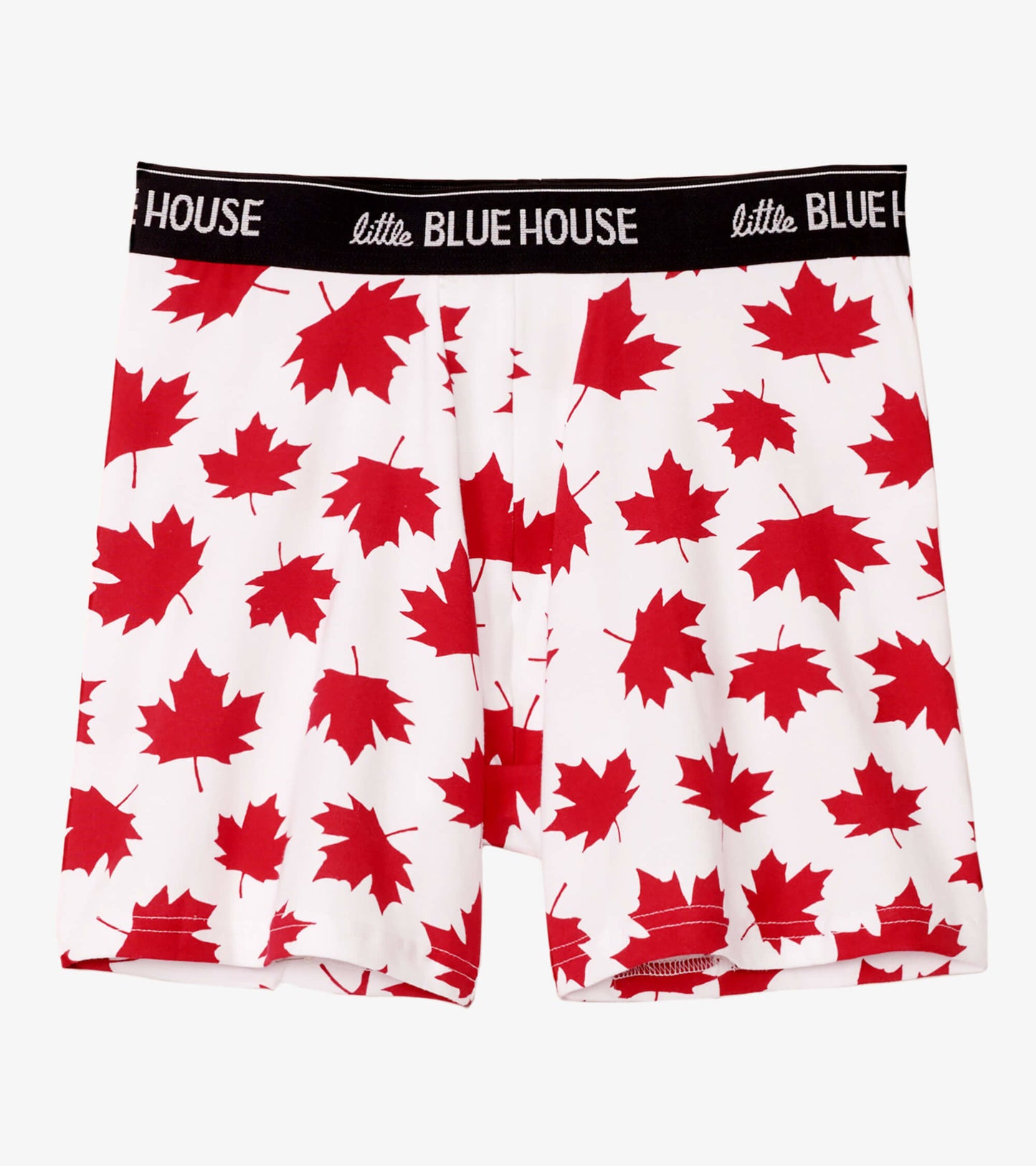 Red and white boxer briefs featuring a maple leaf pattern, with a black elastic waistband.