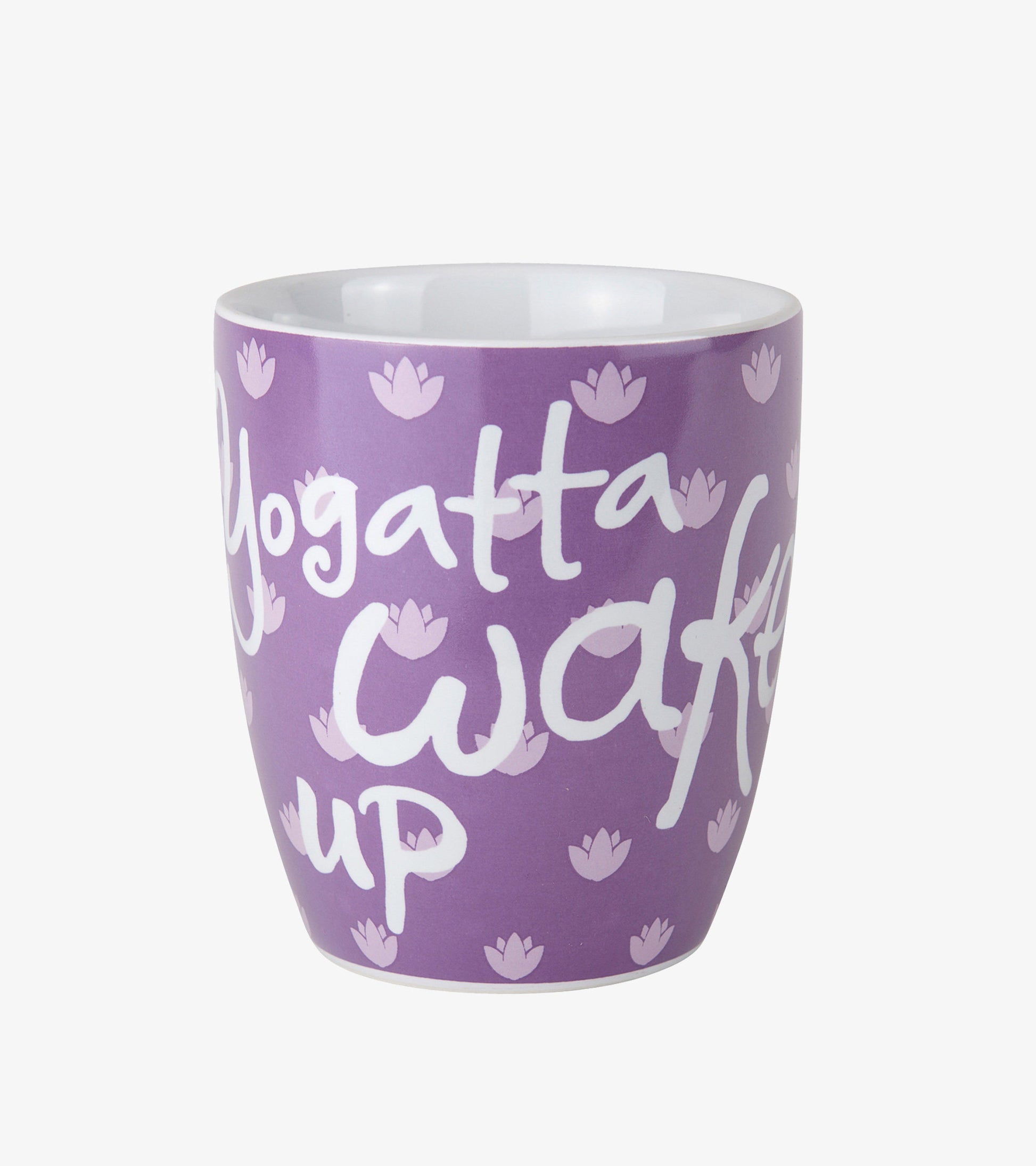 Curved ceramic mug in lavender with white text and pink lotus flower patterns, ideal for enjoying beverages.