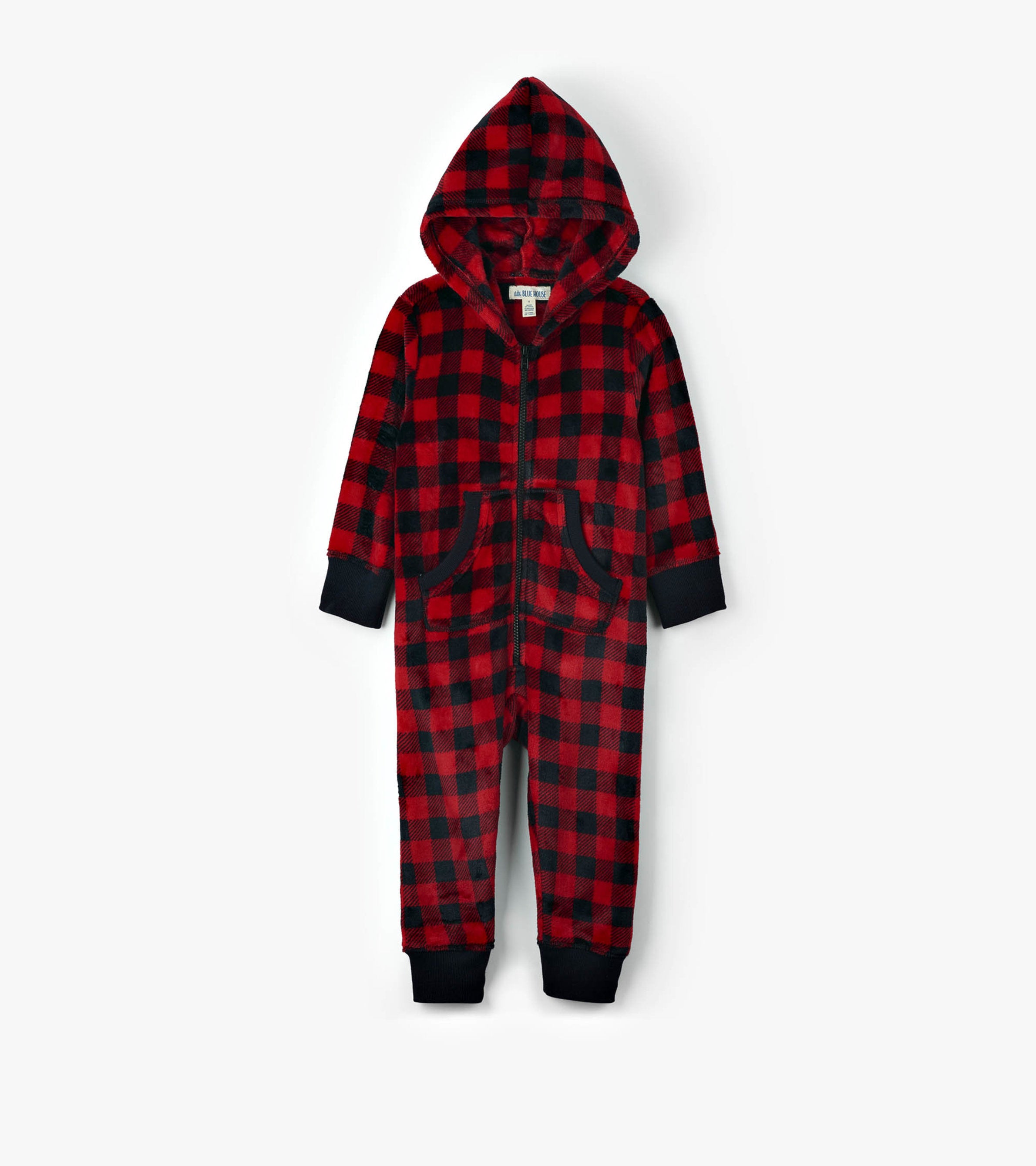 Pook UNSEX Red Black Buffalo Plad Velcro Back Hood Fleece Onese