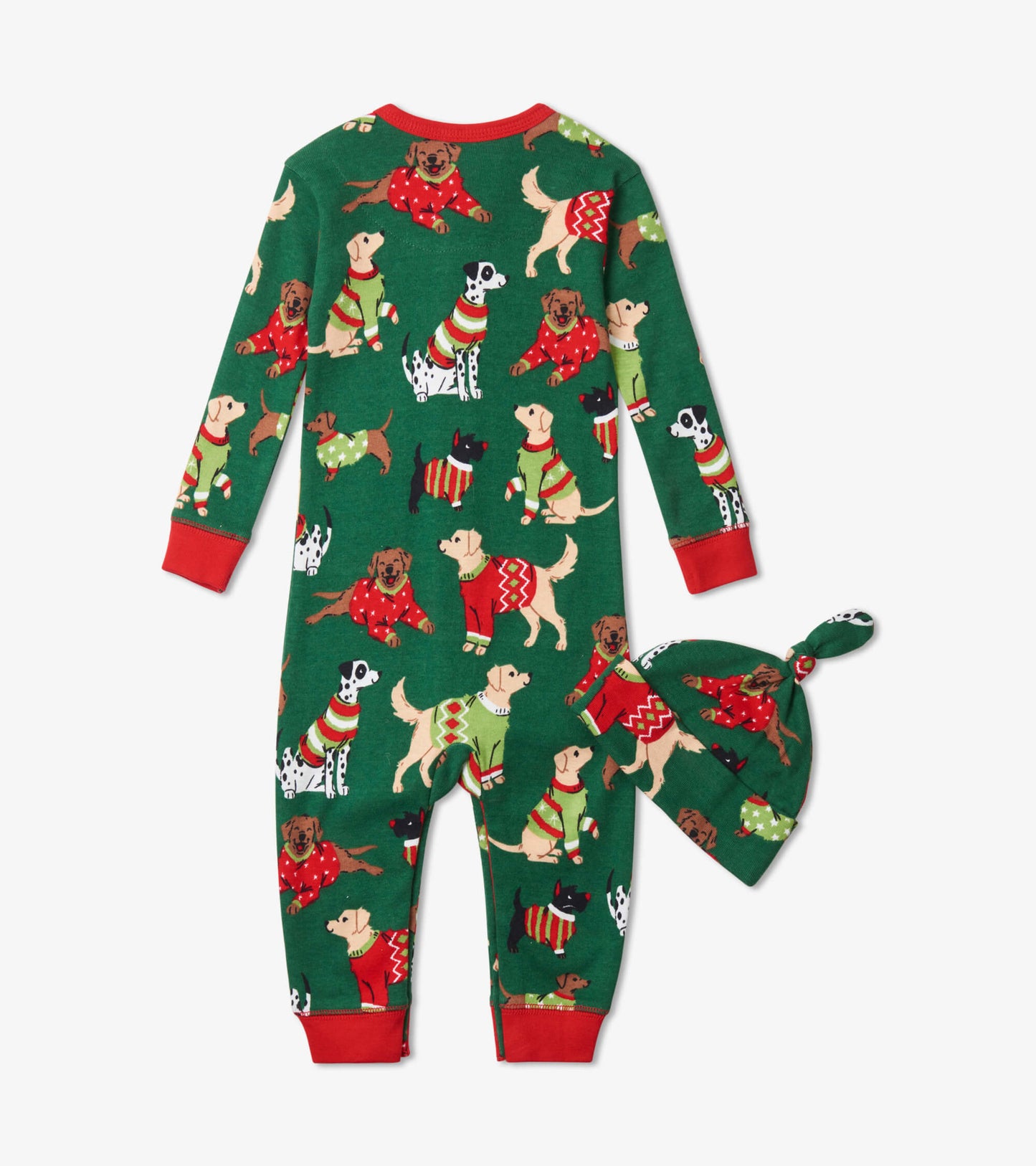 Green sleeper with festive dog patterns and red accents, paired with a matching hat. Suitable for babies 3-24 months.