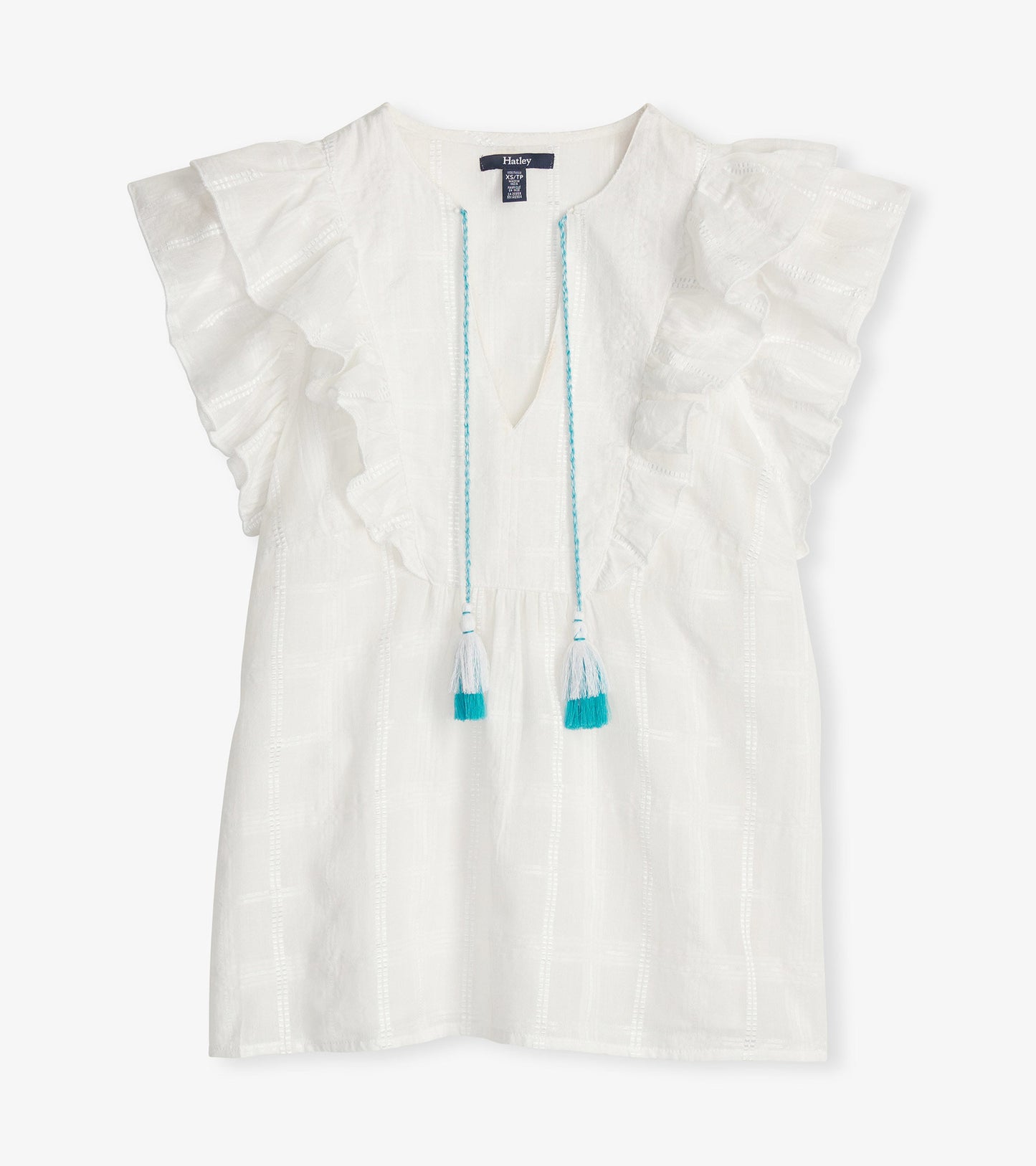 White top with ruffled sleeves, V-neck, and blue tassel ties, featuring a textured plaid pattern.